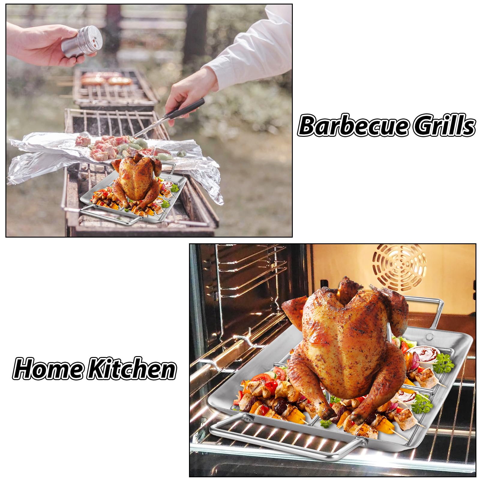 Paquete de 2 soportes para latas de cerveza, de acero inoxidable, bandeja de goteo vertical resistente para asar pollos para parrilla horno barbacoa (2 sartenes + 2 estantes)