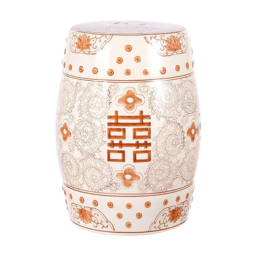 JONATHAN Y TBL1013D Double Happiness 18" Chinoiserie Ceramic Drum Indoor/Outdoor Garden Stool Bohemian, Coastal, Classic, Cottage, Traditional, Patio, Garden, Bathroom, Living Room, Orange/White