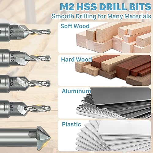 Miniatura 5 de KEENTECH Juego de brocas avellanadoras 10 en 1, diámetro de taladro de 2.83.23.50.157 in x 80.394 in de diámetro avellanado, brocas avellanadoras M2