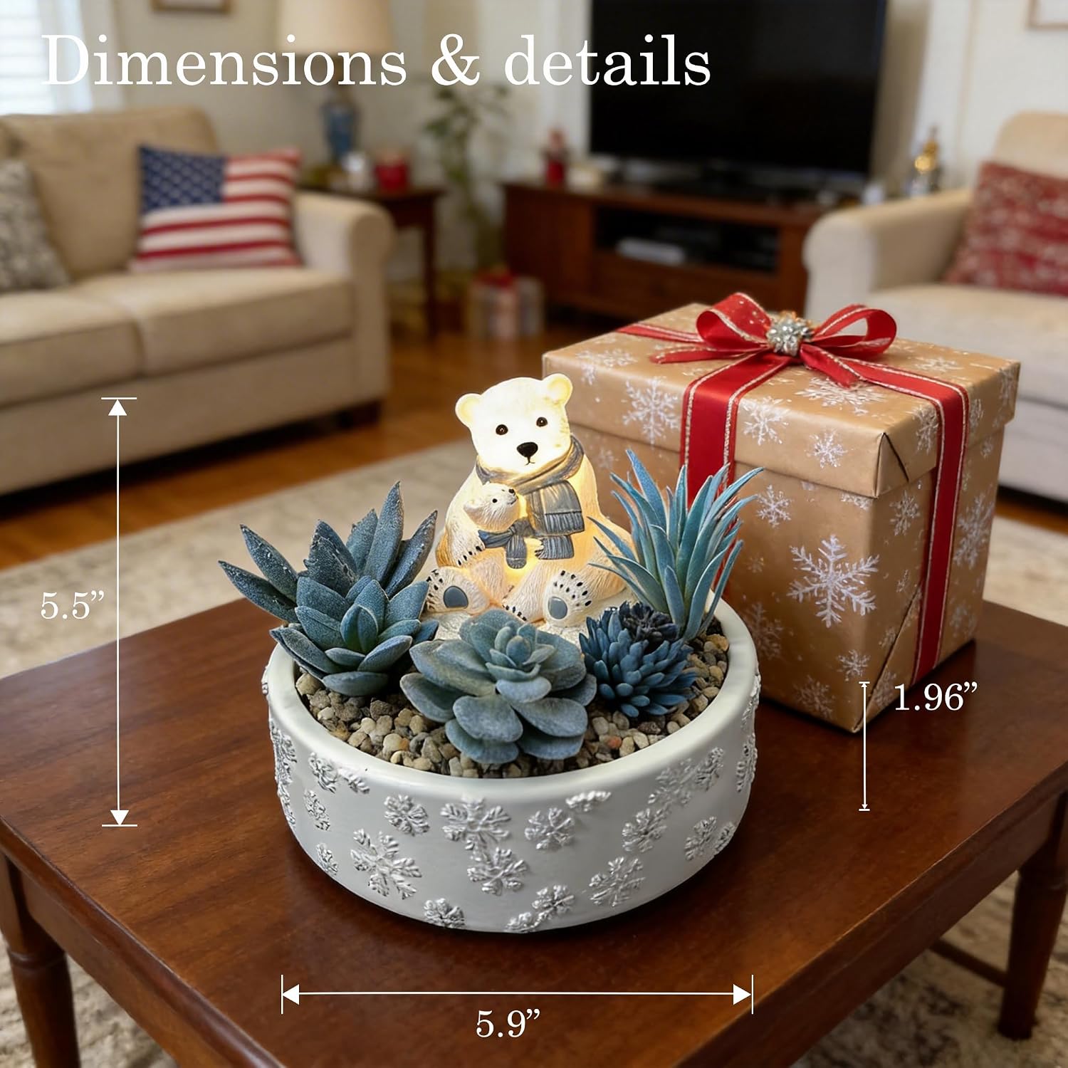 LED Night Light for Kids, Small Polar Bear Decorative Night Lamp with Faux Succulent for Bedroom, Bathroom, Nusery, Cute Night Light with Inline Switch, Mother’s Day Birthday Gift