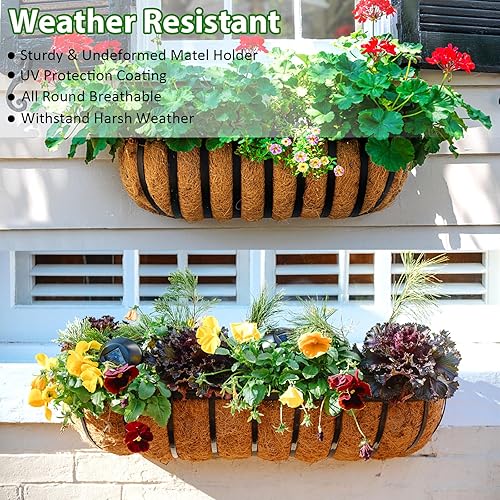 Miniatura 6 de Maceta de barandilla para ventana, paquete de 4 macetas de 24 pulgadas para balcón con forro de coco y fibra de coco, cesta de flores colgante de