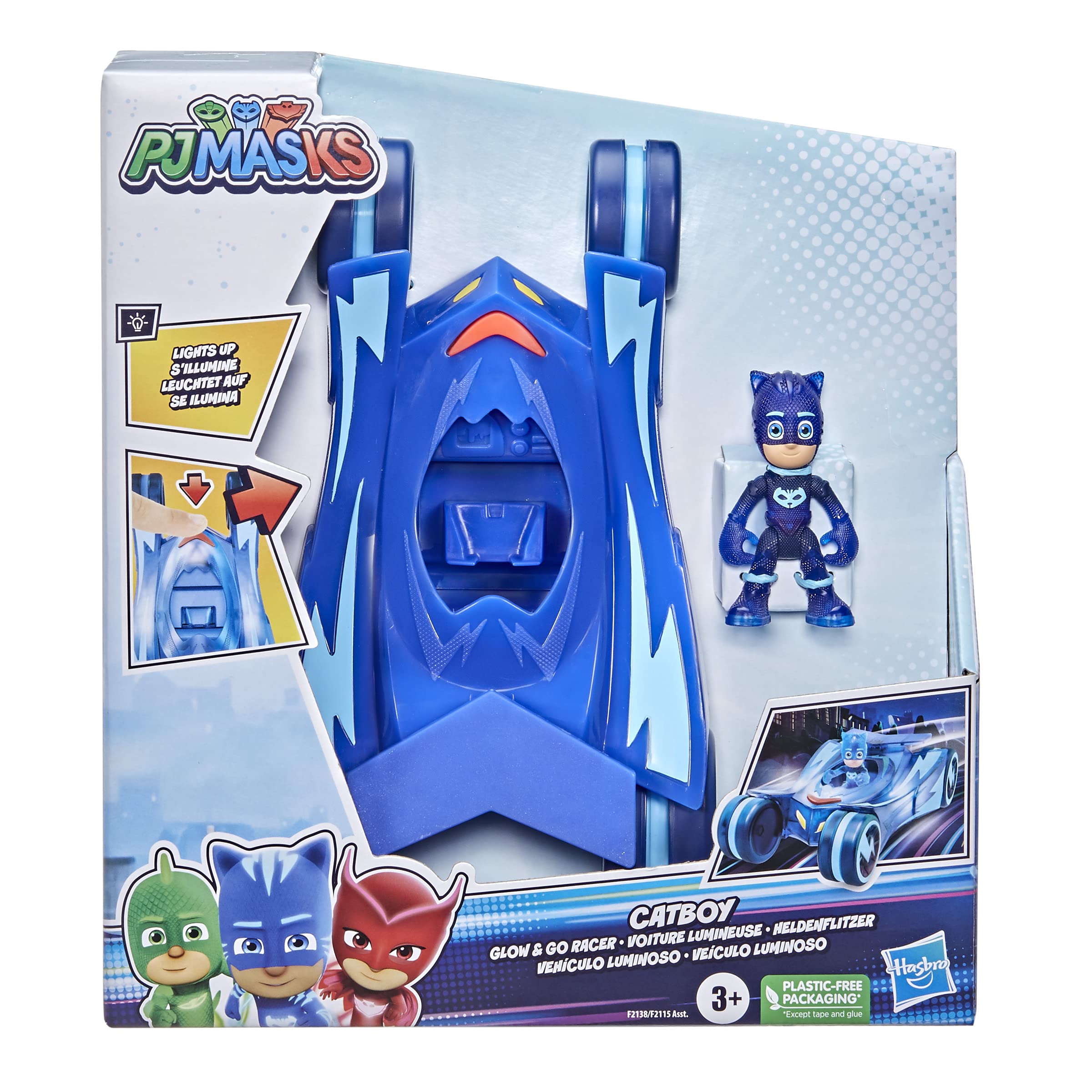 PJ Masks Glow & Go, Gattomobile, Veicolo Giocattolo per età prescolare, Auto di Gattoboy Che Si Illumina con Action Figure di Gattoboy, per Bambini dai 3 Anni in su