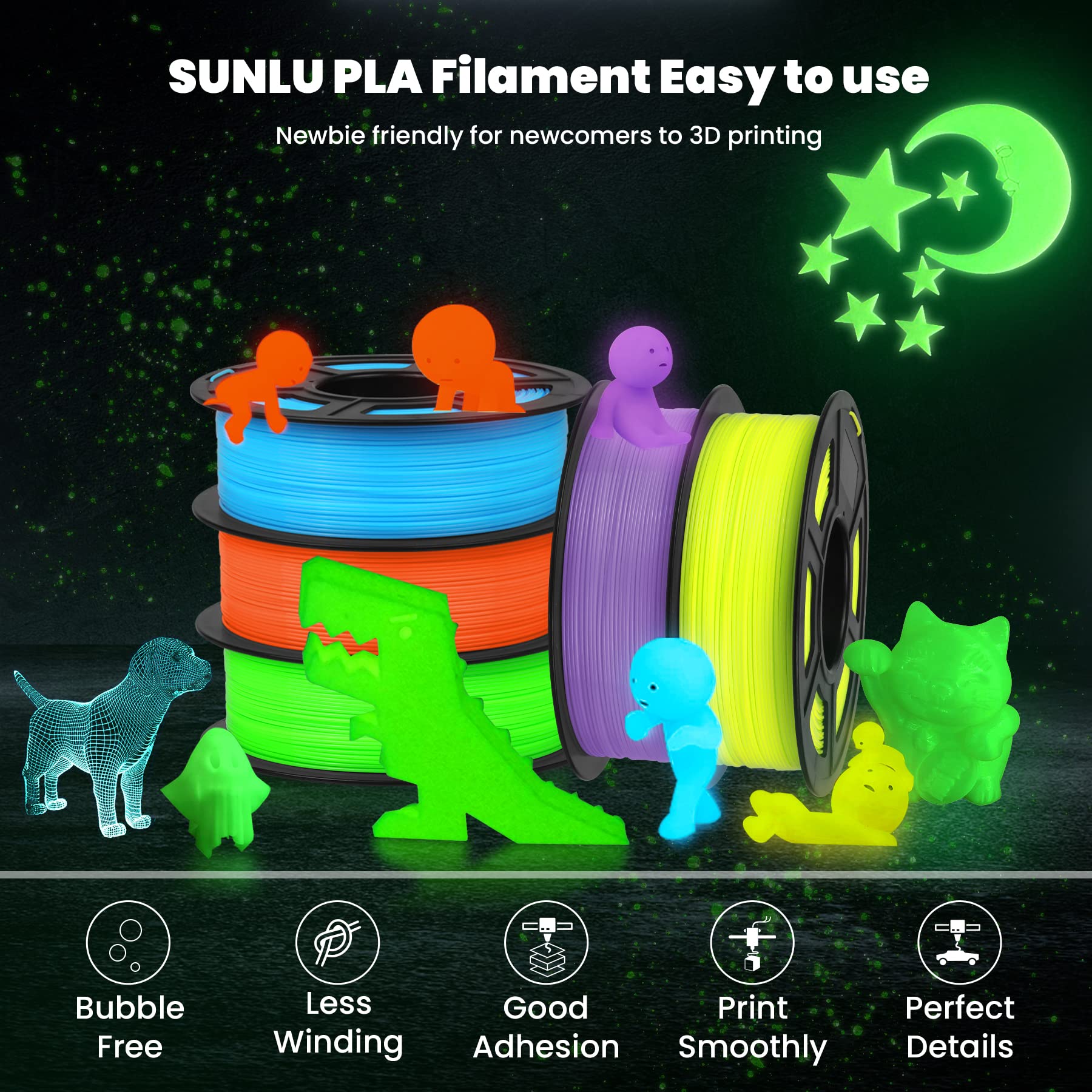 SUNLU Glow in The Dark PLA Filament 1.75 mm 3D Printer Filament, 1kg Spool 3D Printing Filament, Dimensional Accuracy +/- 0.02 mm for 3D Printer and 3D Pen, Luminous Yellow