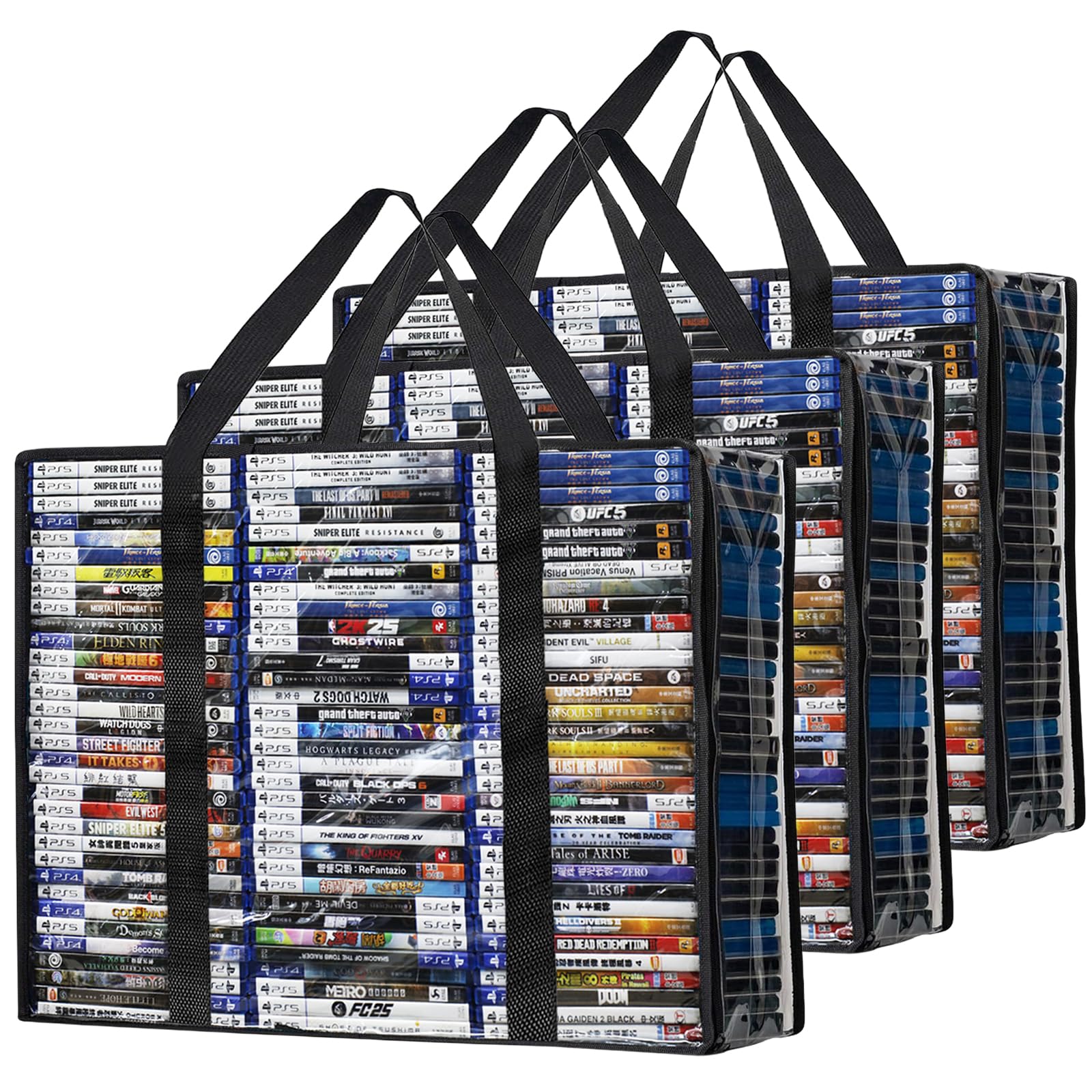 Sacchetti per DVD, confezione da 3 sacchetti trasparenti per 210 DVD o 270 custodie Blu-ray (70, 90 ciascuna), organizer in plastica ispessita con manici rinforzati per riporre supporti