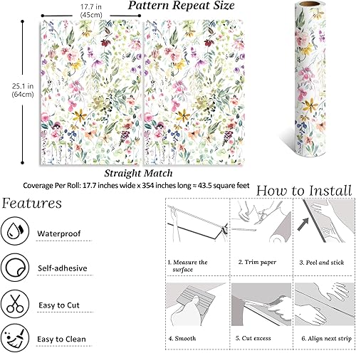 Miniatura 8 de VEELIKE Papel tapiz de flores silvestres de acuarela para despegar y pegar, papel tapiz floral extraíble para dormitorio, baño, guardería, 17.7 x