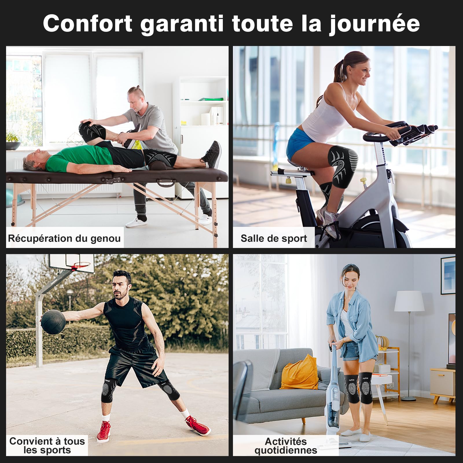 2 Pièces Genouillère Élastique Respirant, Compression Sports, Rotulienne et Ligamentaire, Arthrose Genou pour Volley-Ball, Course- L: 42-47CM