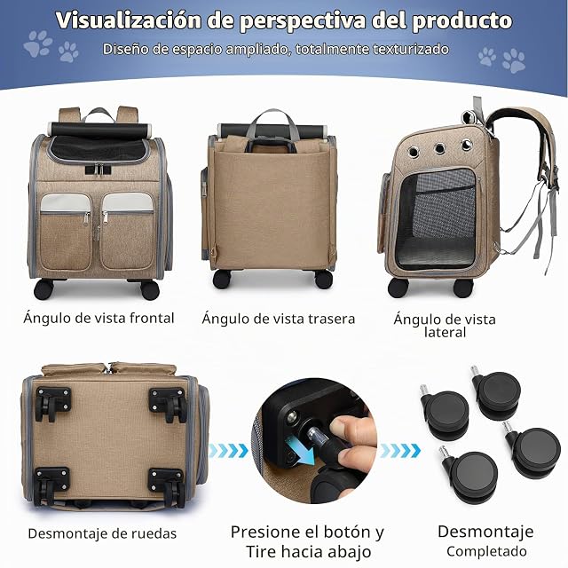 Foto 6 de 6 de PETCUTE Mochila con Ruedas para Mascotas,Mochila Plegable para Gatos Grandes y Perros Pequeños con Asa…