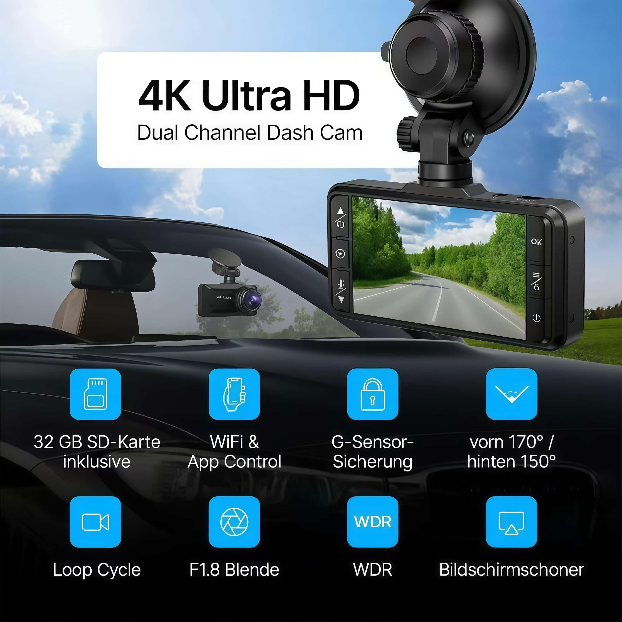4K Dashcam mit 3,94" Bildschirm/Vorne & hinten/Autokamera mit 170° Weitwinkelansicht/Nachtsicht/Parküberwachung Vorne Und Hinten Mit Parküberwachung Für Unterwegs (Schwarz A,32G)
