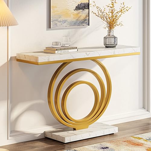 Tribesigns Mesa consola blanca de 41 pulgadas con base de anillo dorado, moderna mesa de sofá de entrada estrecha larga, mesa decorativa geométrica