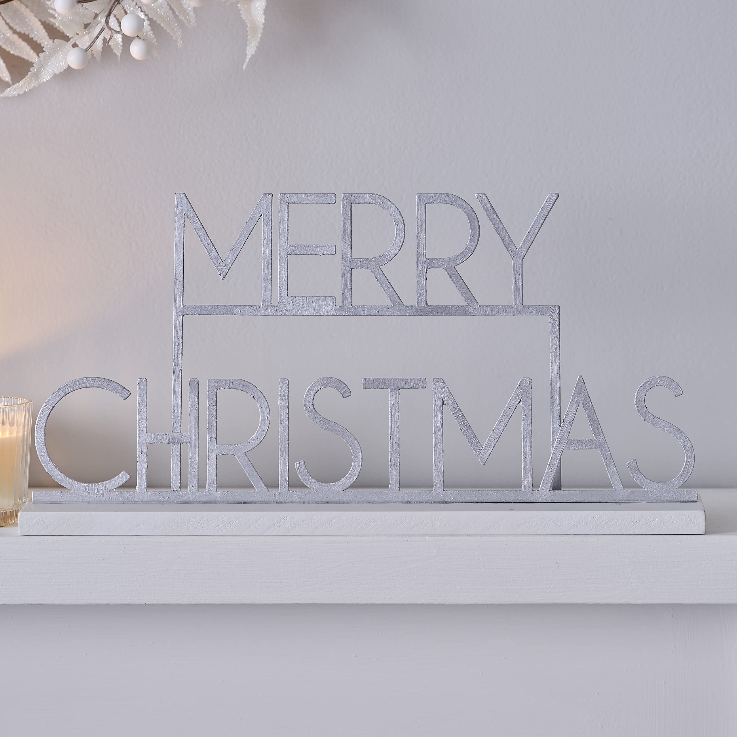 Ginger Ray Merry Christmas Metal and Wooden Mantle Home Decoration, White, Silver, SIL-424