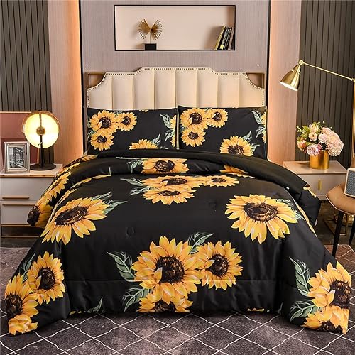 NTBED Juego de edredón de girasoles tamaño Queen, edredón de microfibra de 3 piezas con estampado botánico amarillo floral para niñas y adolescentes