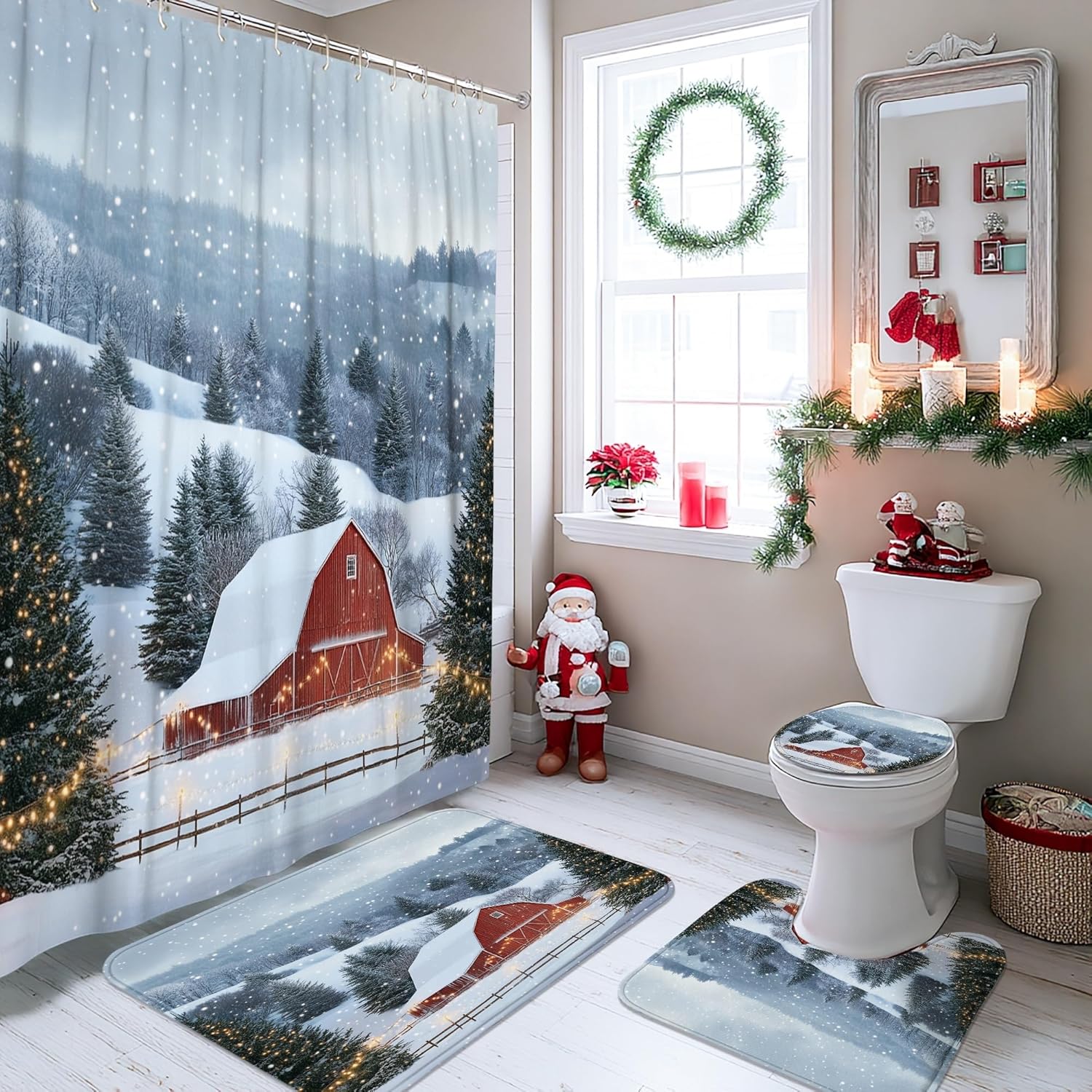 4PCS Winter Farmhouse Christmas Bathroom Sets with Non-Slip Rug, U Shape Toilet Lid Cover Mat, Woodland Xmas Country Barn Bathroom Decoration 72''x72''