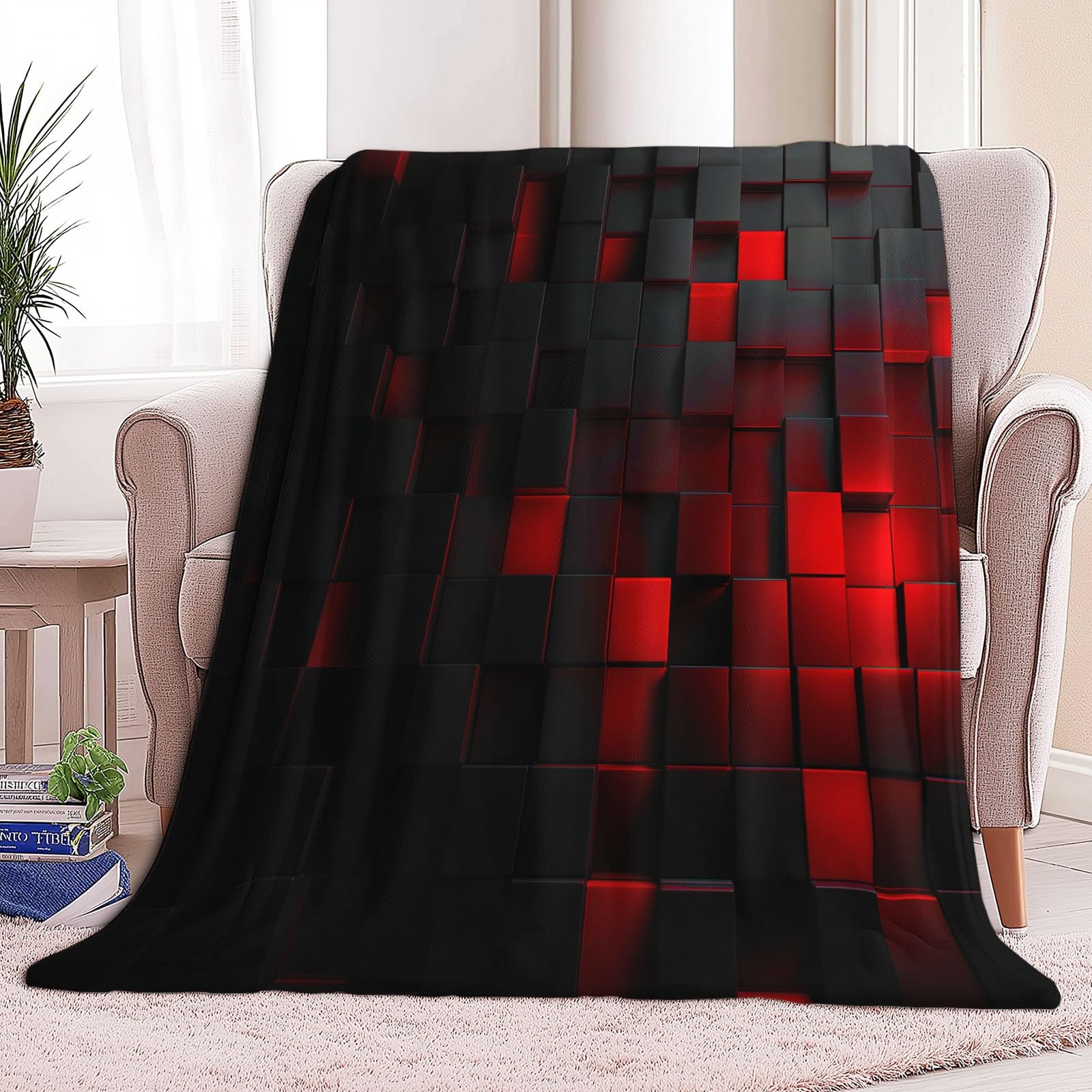 Miękki czarny koc sherpa 220 x 240 cm, dla dzieci i dorosłych, geometryczne kostki, bloki kolorów, flanelowa pościel, hipoalergiczny, ciepły, nadaje się do prania, na sofę, krzesło, łóżko, salon