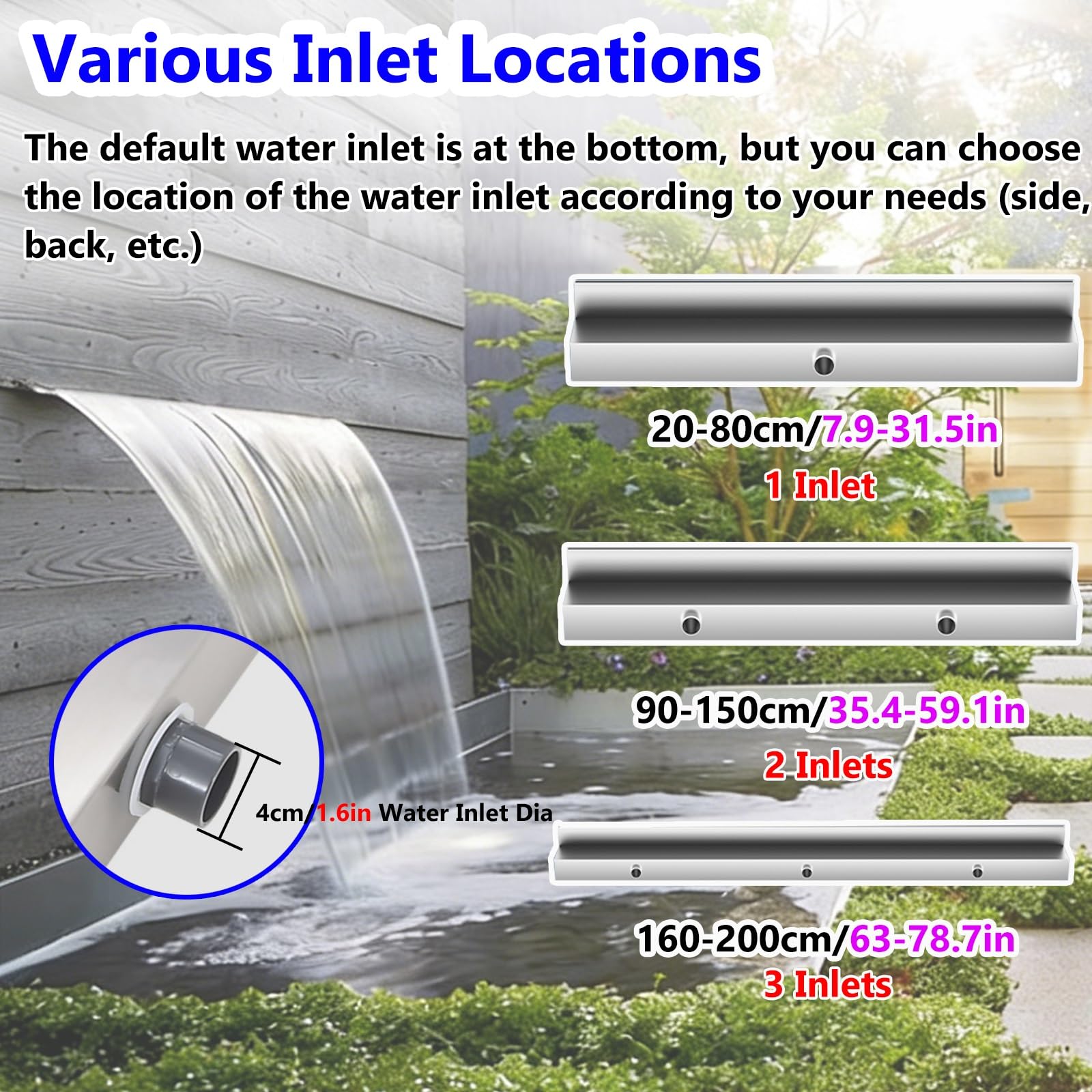 Fuente de acero inoxidable para piscina, cascada empotrada de pared de 12 pulgadas para patio, jardín y decoración de spa, función de agua personalizable con accesorios (negro)