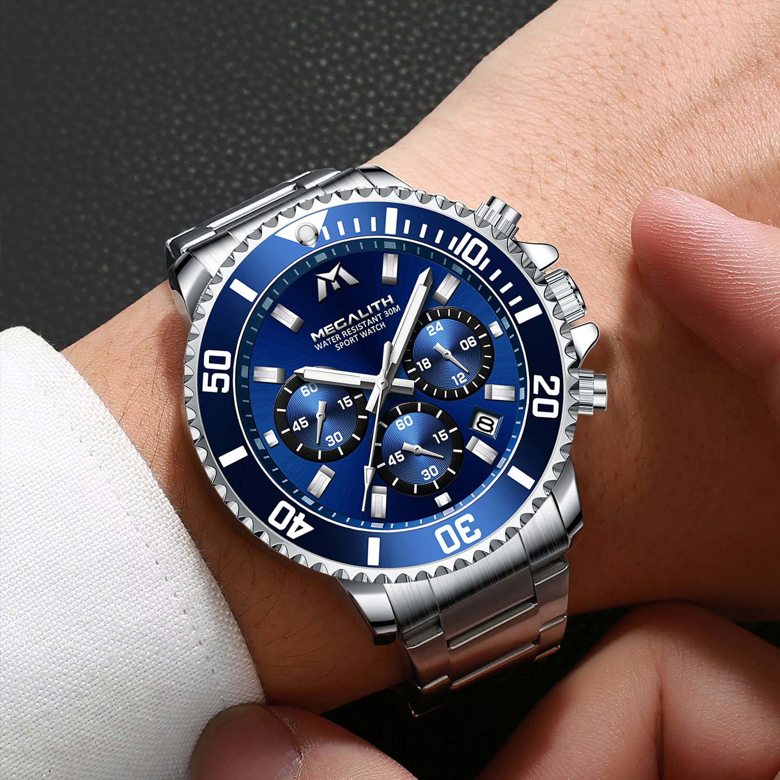 MEGALITH Uhren Herren Chronograph Edelstahl: Armbanduhr Herren Groß mit Datum Leuchtend Wasserdicht - Designer Herrenuhr für Geschäftsleute Alltagskleidung Geschenk