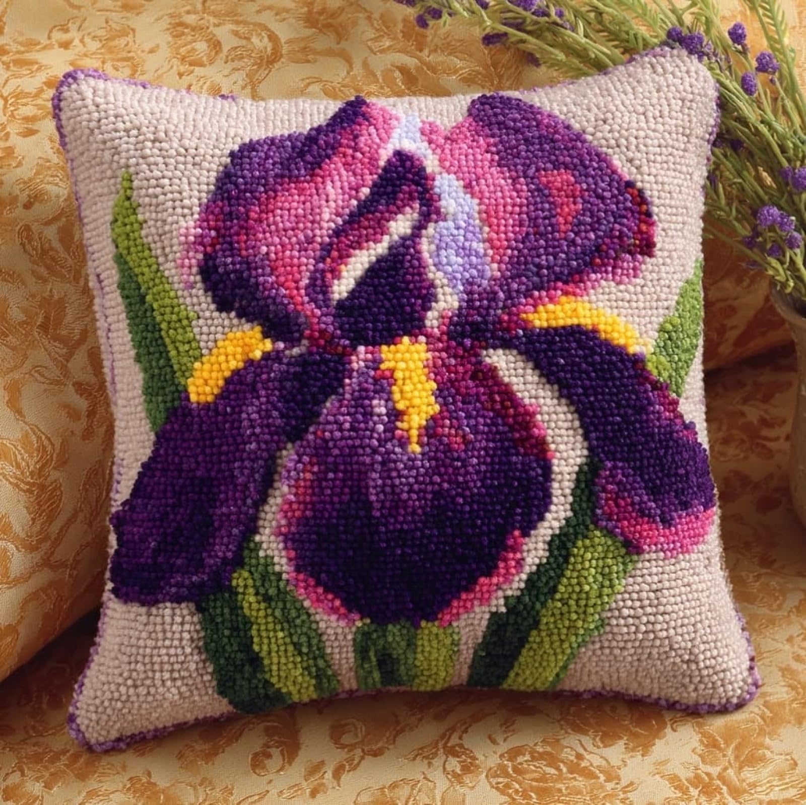 AxiangziK Latch Hook Cushion Kit 43x43cm,Beautiful iris Beginner Friendly Needlecraft Set,Easy Latch Hook Kit for Home Decor