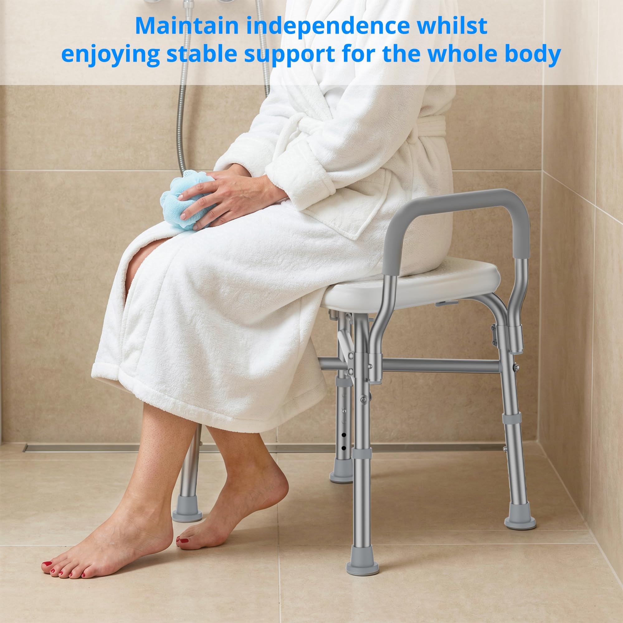 Silla de ducha y brazos acolchados, taburete de baño de altura ajustable con pies antideslizantes, silla de bañera para ancianos, asiento de baño con respaldo, tapa de peso de 350 libras