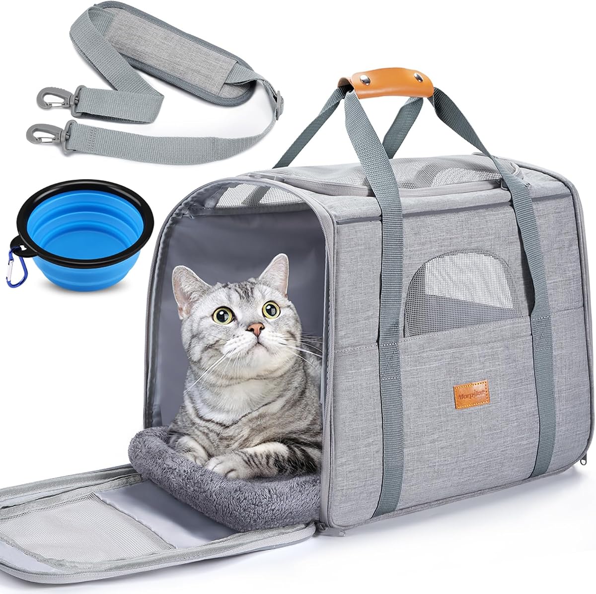 Pet Carrier for Large Cats, Puppies & Small Dogs Up to 25lbs | Escape-Proof with Locking Zippers, Dual-Sided Cushion, Safety Buckle for Car &Vet Travel, Includes Foldable Bowl (Light Gray)