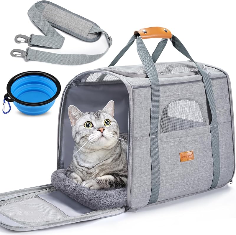 Pet Carrier for Large Cats, Puppies & Small Dogs Up to 25lbs | Escape-Proof with Locking Zippers, Dual-Sided Cushion, Safety Buckle for Car &Vet Travel, Includes Foldable Bowl (Light Gray)