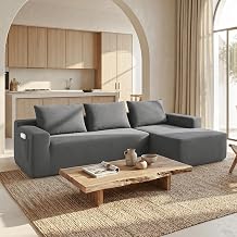 Hansong 96.9" Couches for Living Room L-Shaped Cloud Sectional Sofa with Chaise, 3 Seater Boneless Couch with Deep Seat, Corduroy Memory Foam, No Assembly, Side PocketsGrey, Right Facing