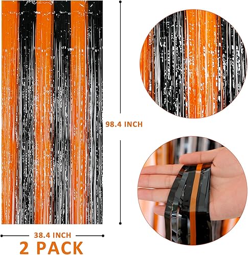 Miniatura 2 de Paquete de 2 cortinas de flecos de aluminio de oropel negro y naranja, cortinas de aluminio metálicas para el hogar al aire libre, fiesta de