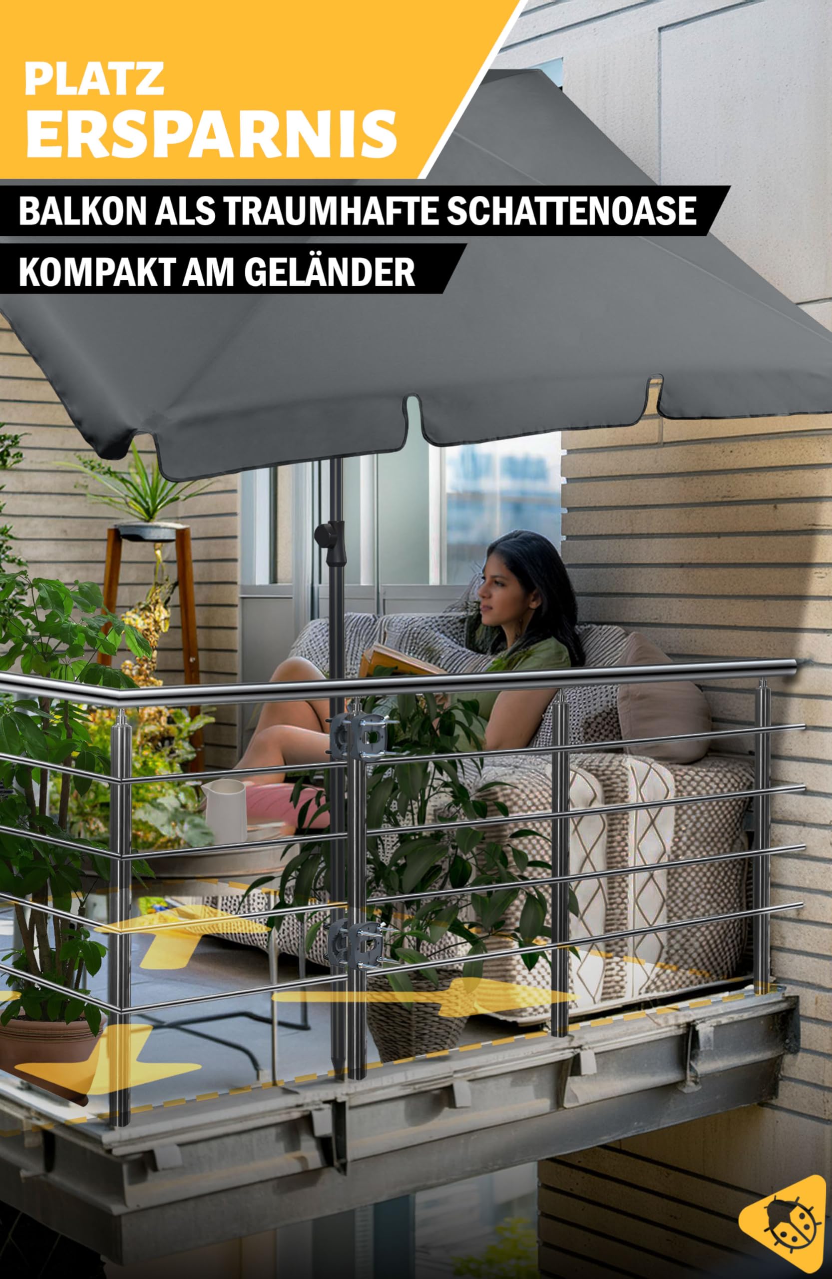Menz Sonnenschirm Balkon 4-teiliges Komplettset, UPF 50+ Sonnenschirm rechteckig 200 x 125 cm + 2 Stück Sonnenschirmhalter Balkongeländer + Sonnenschirmhülle, Sonnenschutz Balkon