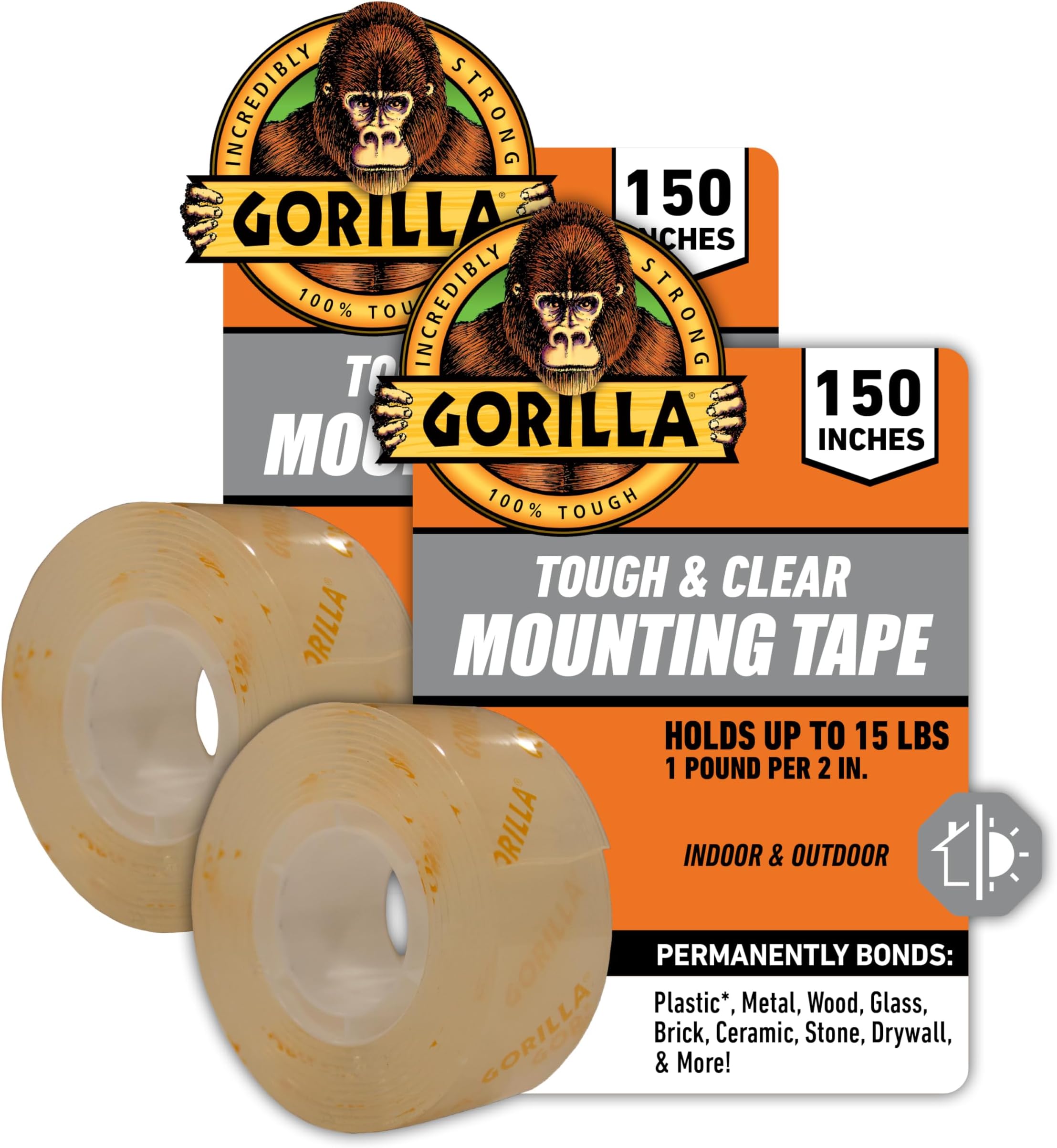 Gorilla Tough & Clear Double Sided Mounting Tape, Clear Tape, 1" x 150" (Pack...