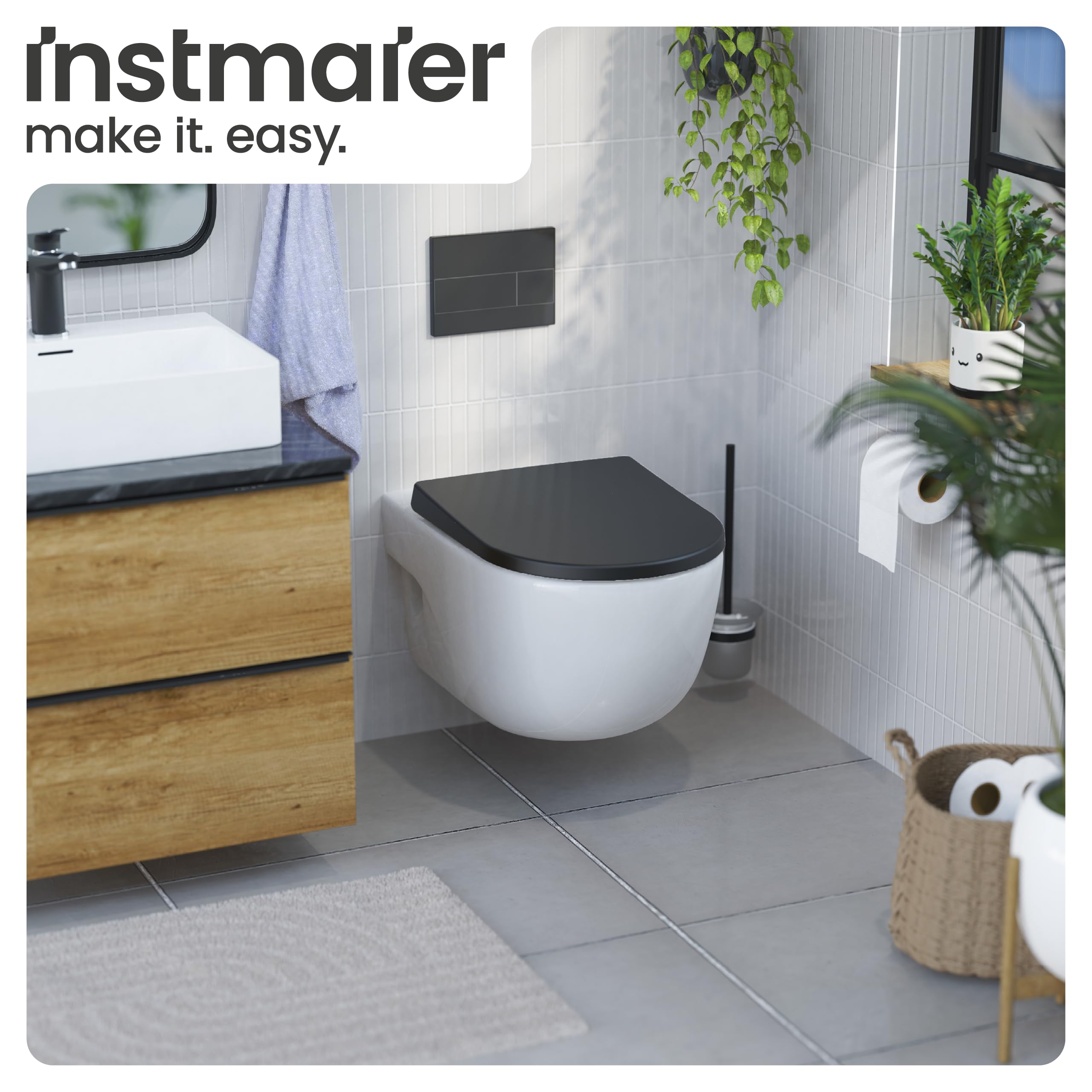instmaier Tapa de inodoro con dispositivo de descenso automático, color negro mate, certificado TÜV, forma de D, asiento de inodoro de duroplast, función de liberación rápida