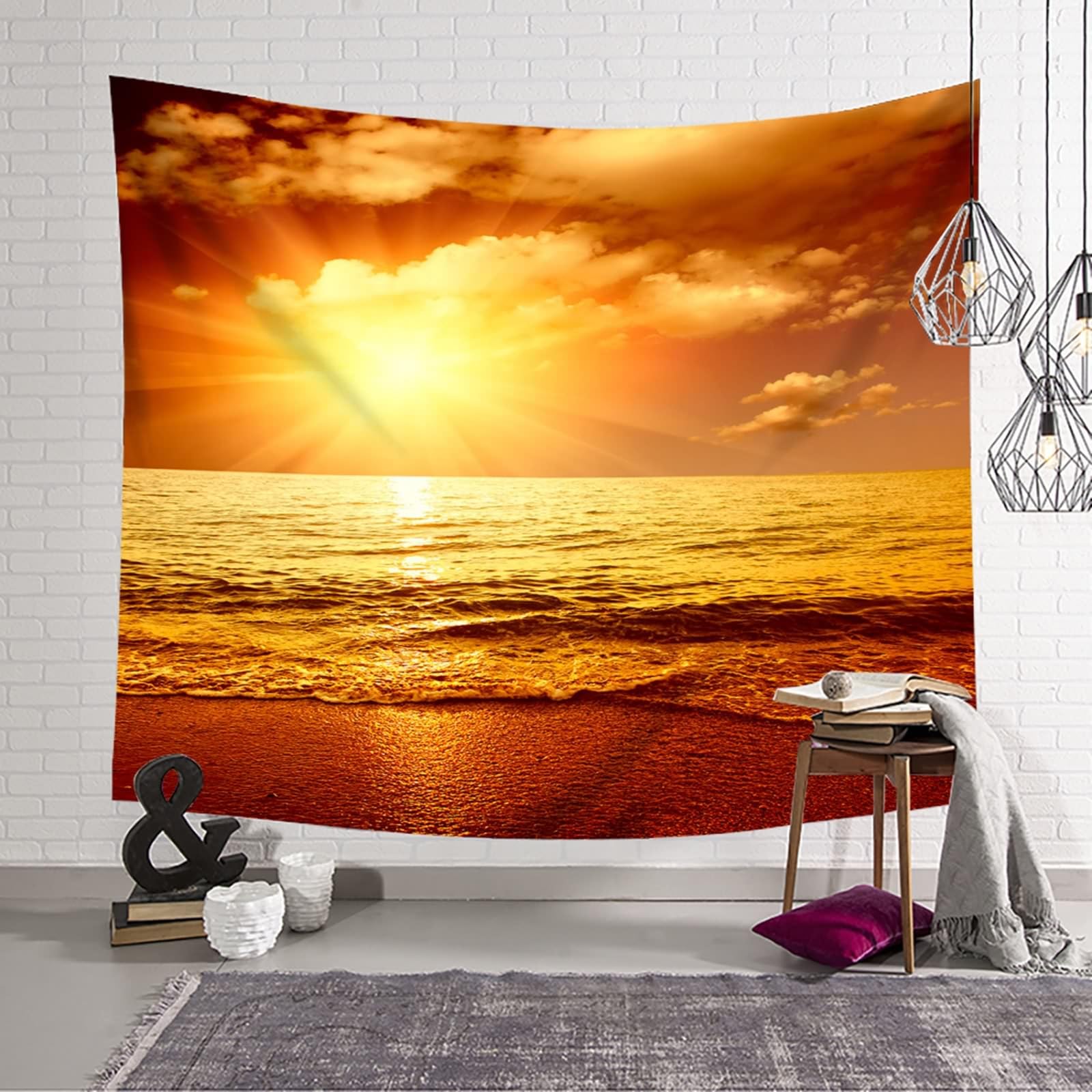 Tapiz para colgar en la pared, playa, 240 x 220 cm, diseño de amanecer, para dormitorio, salón, color amarillo