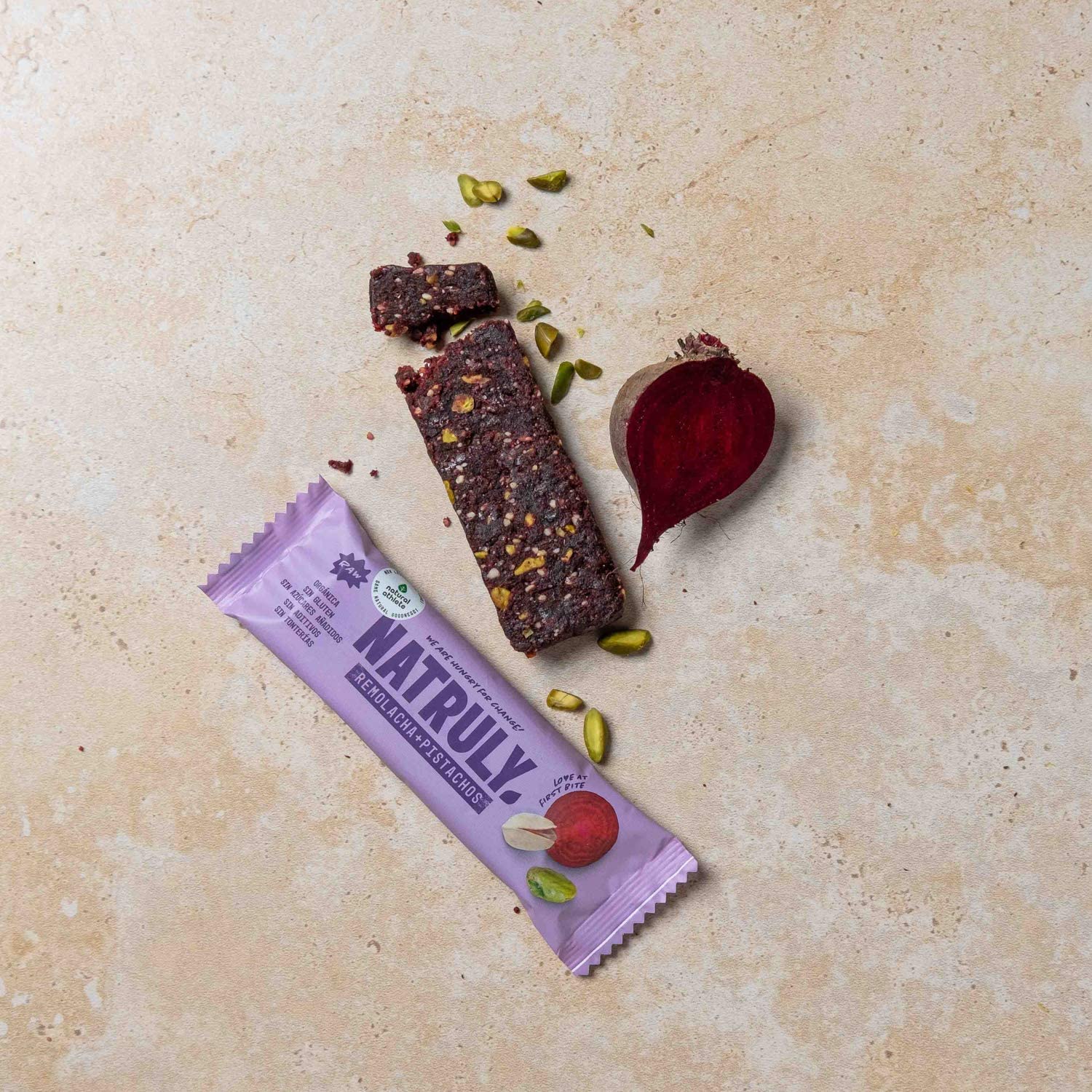 NATRULY Barritas Energéticas BIO Remolacha y Pistacho Sin Azúcar Añadido, 100% Natural y Orgánicas, Sin Gluten, Vegana -Pack 10x40g