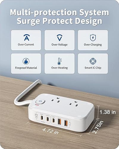 Miniatura 7 de Regleta de alimentación 7 en 1, tira de alimentación USB C PD de 85 W con 3 USB-C, 2 puertos USB-A y salida de CA de 2500 W, enchufe plano total de