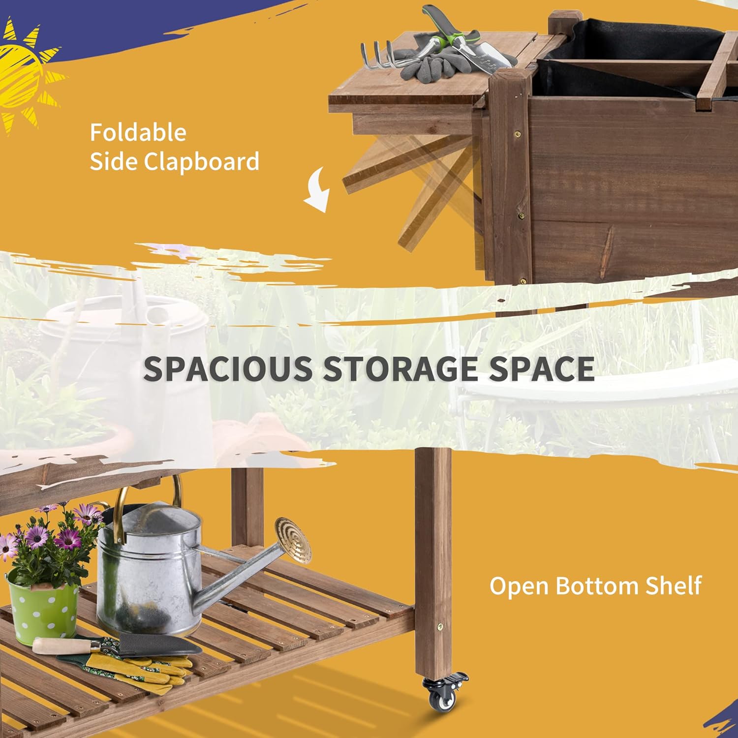 Outsunny Raised Garden Bed showing the folding side table and bottom storage shelf