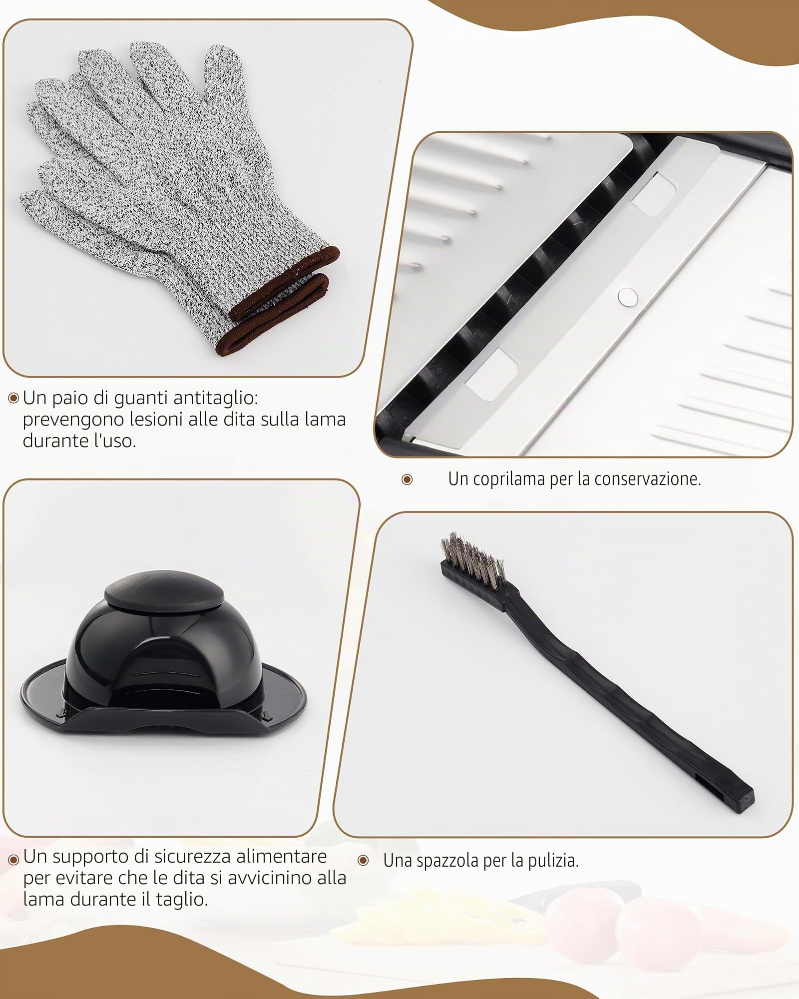 Affettatrice mandolino 5 in 1, regolabile in acciaio inox, taglierina vegetale, affettatrice pomodoro, taglierina frutta e onione, inclusi guanti resistenti