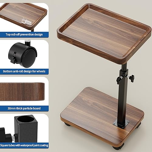 Miniatura 6 de Mesa auxiliar de mesa C de altura ajustable, bandeja giratoria de 360 para espacios pequeños, mesas auxiliares con ruedas para sala de estar y