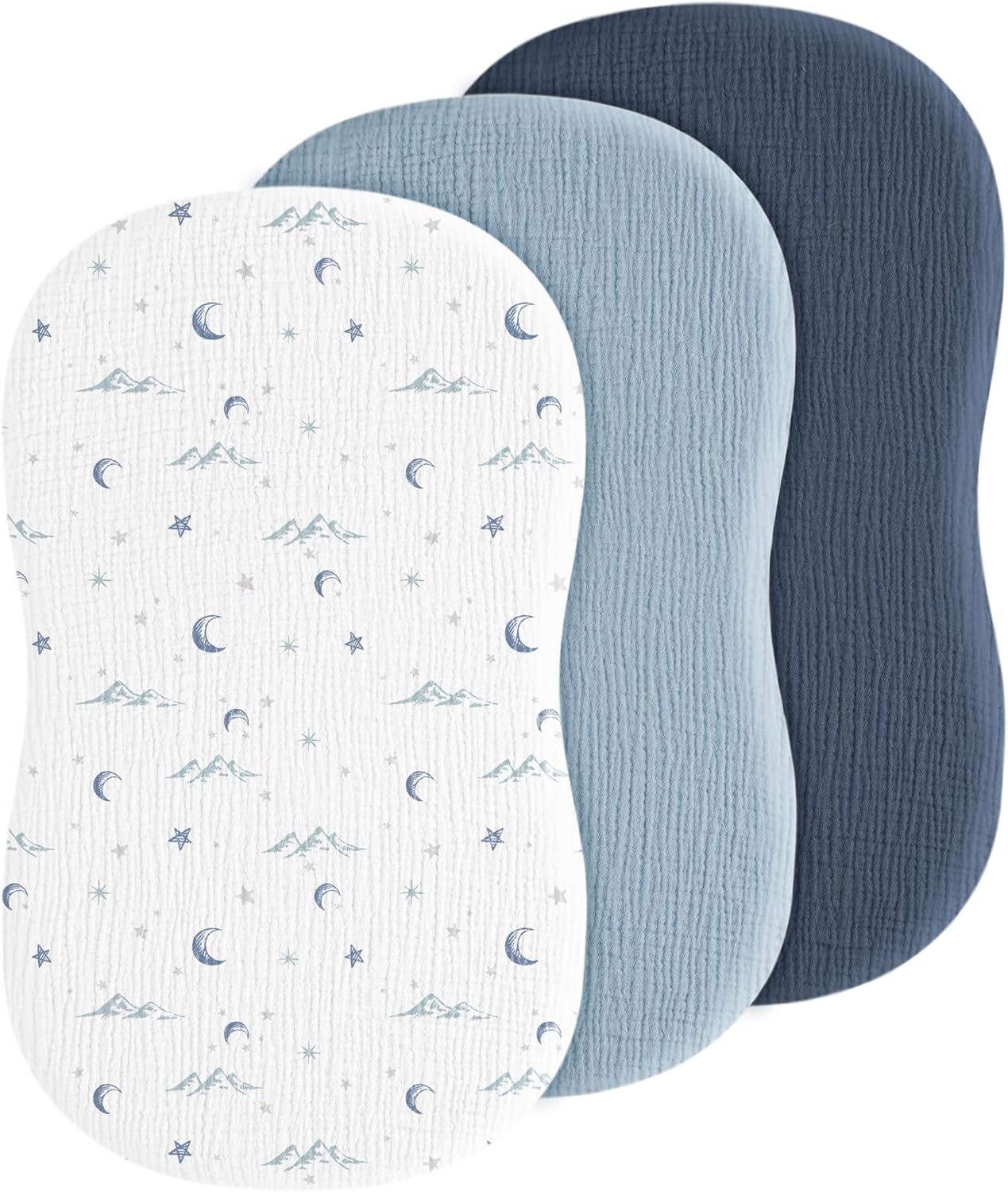 Baby Muslin Bassinet Sheets 3 Pack for Boys & Girls, Soft Breathable Cotton Bassinet Mattress Cover, Universal Fit for Hourglass, Oval, and Rectangle Mattress (Nightfall Blue)