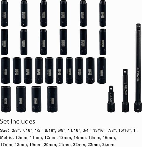 Miniatura 2 de SEKETMAN Juego de 29 llaves de impacto de 12 pulgada (38 a 1 pulgada, 0.394 in - 0.945 in), 6 puntos, acero CR-V, incluye barra de extensión