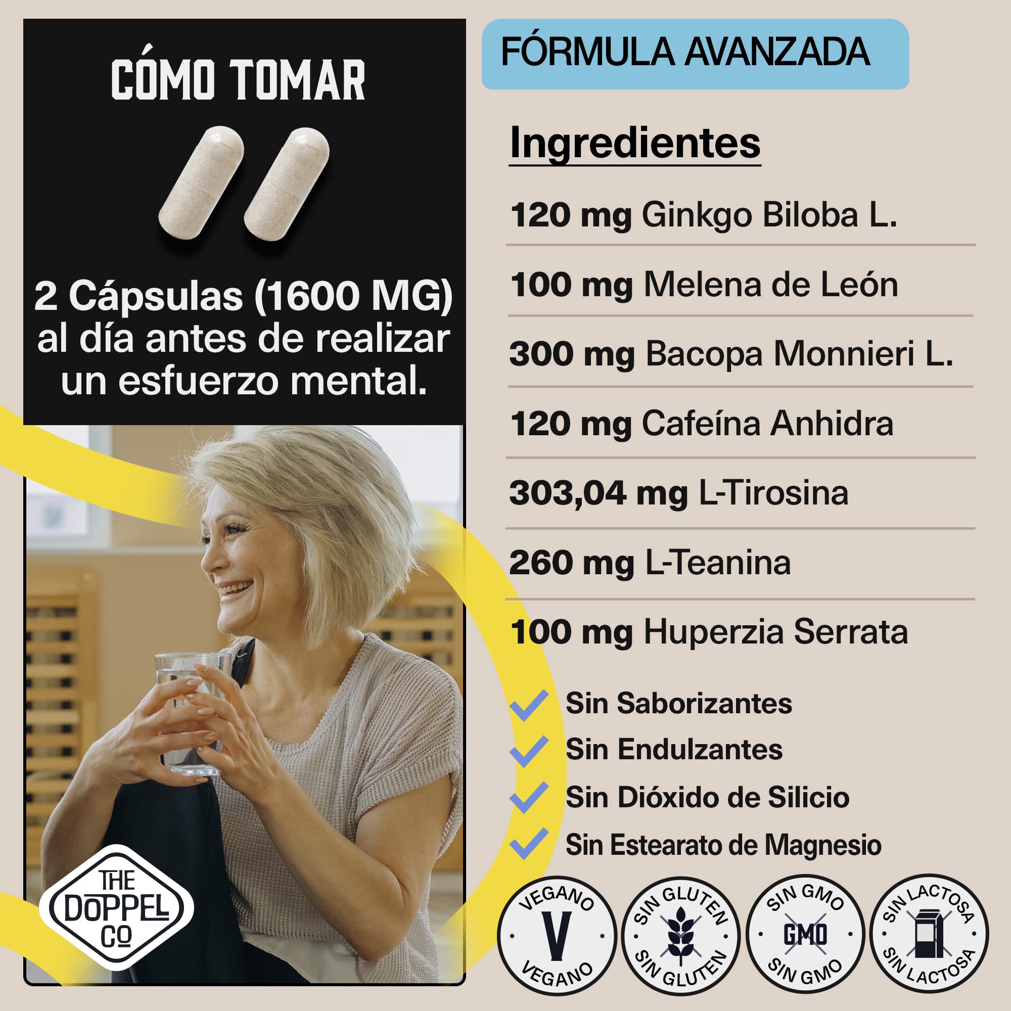 100 Cápsulas de Nootrópico Natural - 800 mg - Memoria, Concentración, Energía - Ginkgo Biloba, Melena de Leon, Cafeina, Bacopa Monnieri, Tirosina, Teanina, Huperzia - Fabricado en España