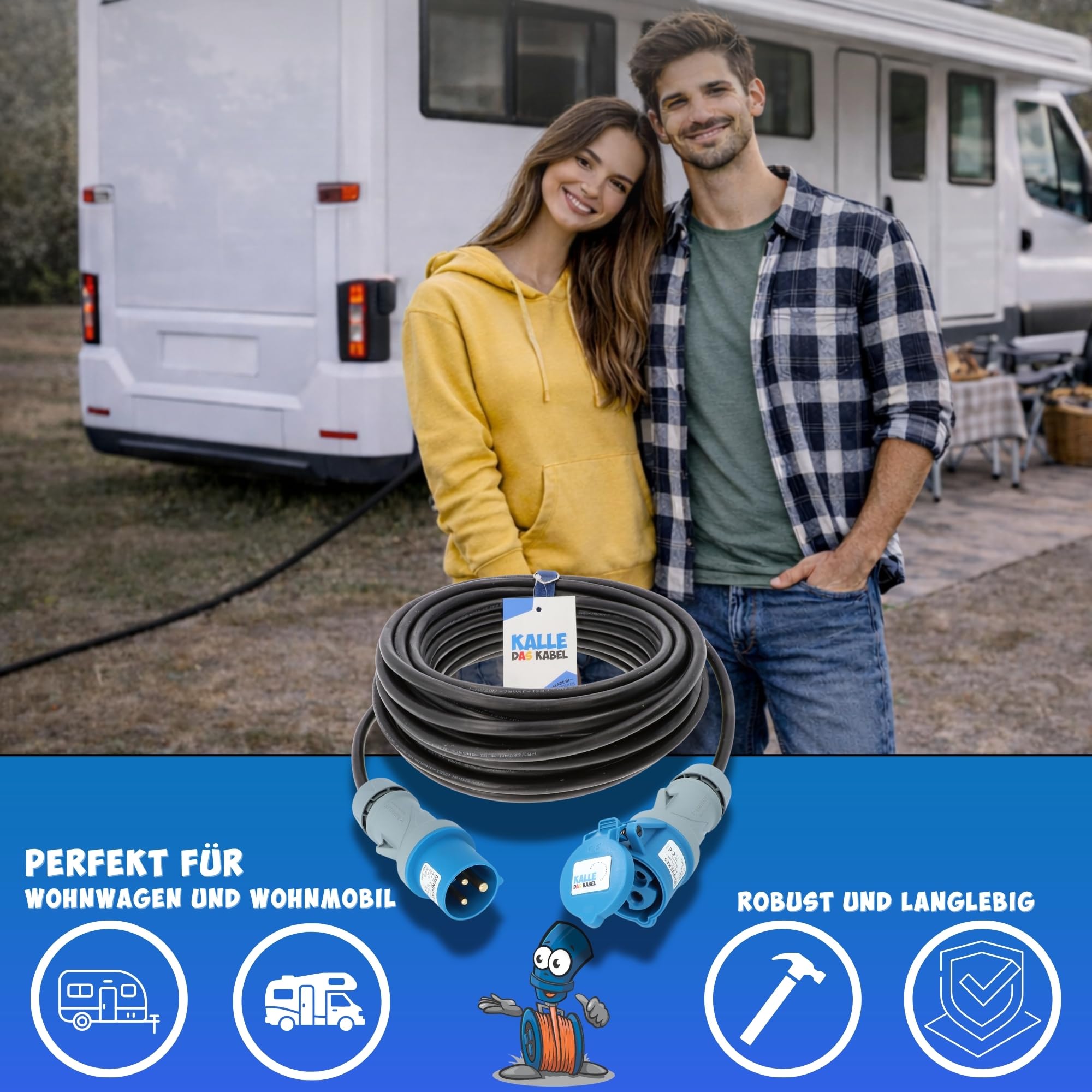 KALLE DAS KABEL CEE Verlängerungskabel 230V H07RN-F 3G 2,5mm² 10 Meter | Camping Wohnwagen Wohnmobil Caravan Landstrom IP44 Außenbereich Winkelkupplung Schutzkappe robust langlebig