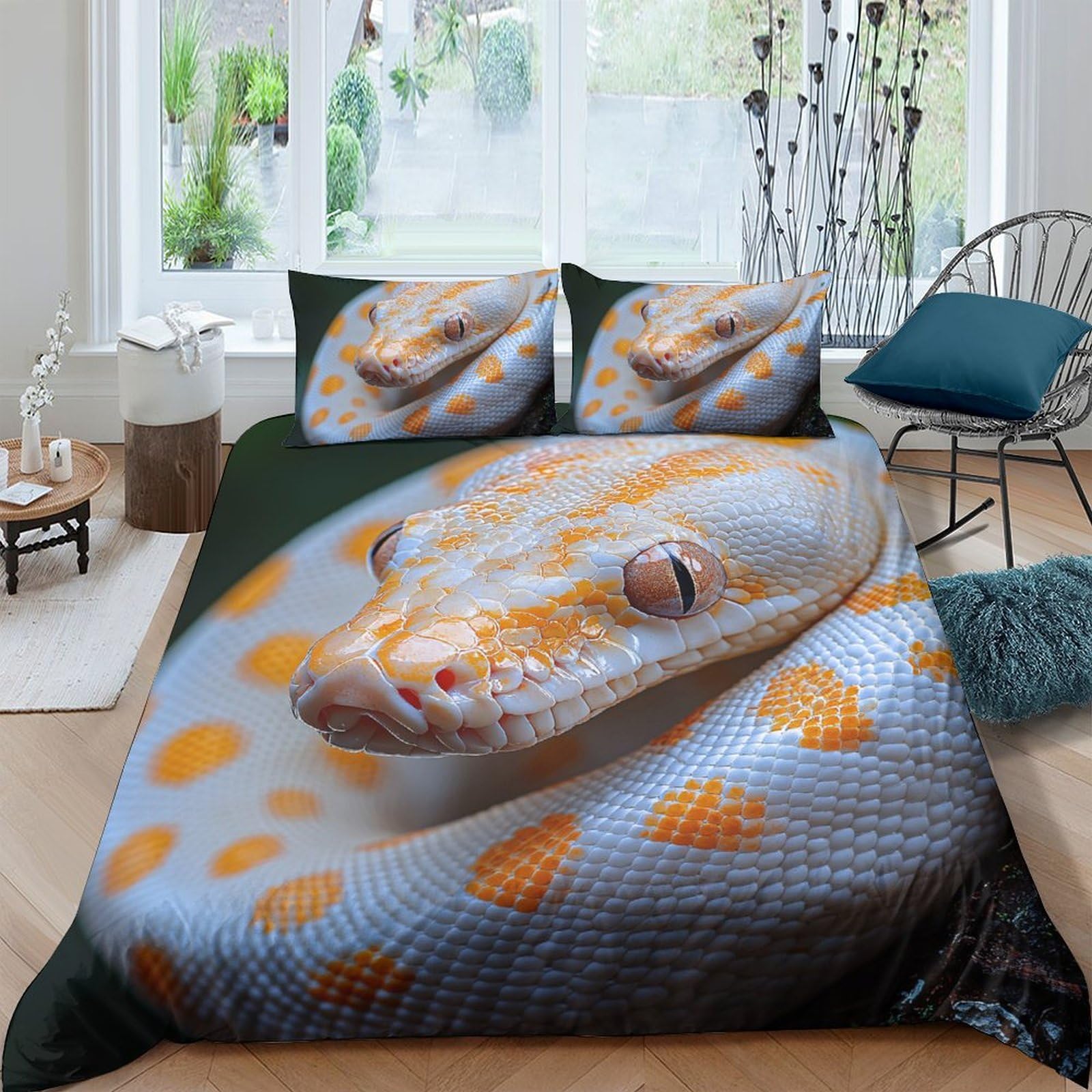 Ctjqhvkz Style-10 3D Printed Albino Python Fitted Sheet Microfiber Soft Orange Snake Pattern Mattress Cover Bedroom Decor Machine Washable Single（135X200cm）