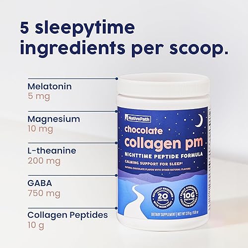 Miniatura 4 de NativePath Colágeno PM - Polvo de péptidos de colágeno nocturno de chocolate con magnesio, GABA, L-teanina y melatonina, 20 porciones