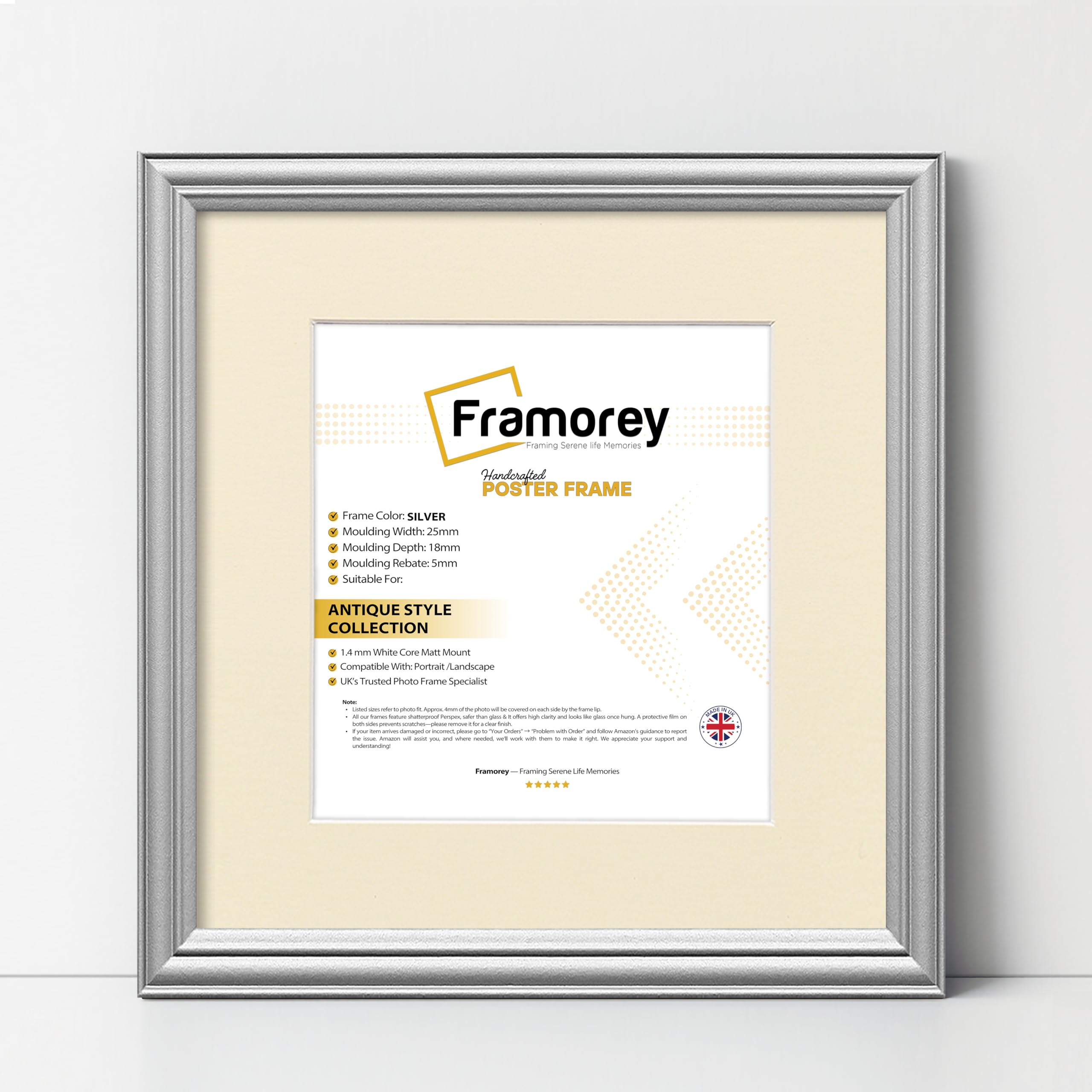 Framorey Framing Serene Life Memories Silver With Ivory Mount Framorey Square Photo Frames, 10X10" Size Silver Picture Frame With 8X8" Size Ivory Mount, Lw Antique Style Home Wall Decor Frames, Wall Hanging Art Poster Frames, Mdf Wood Frames