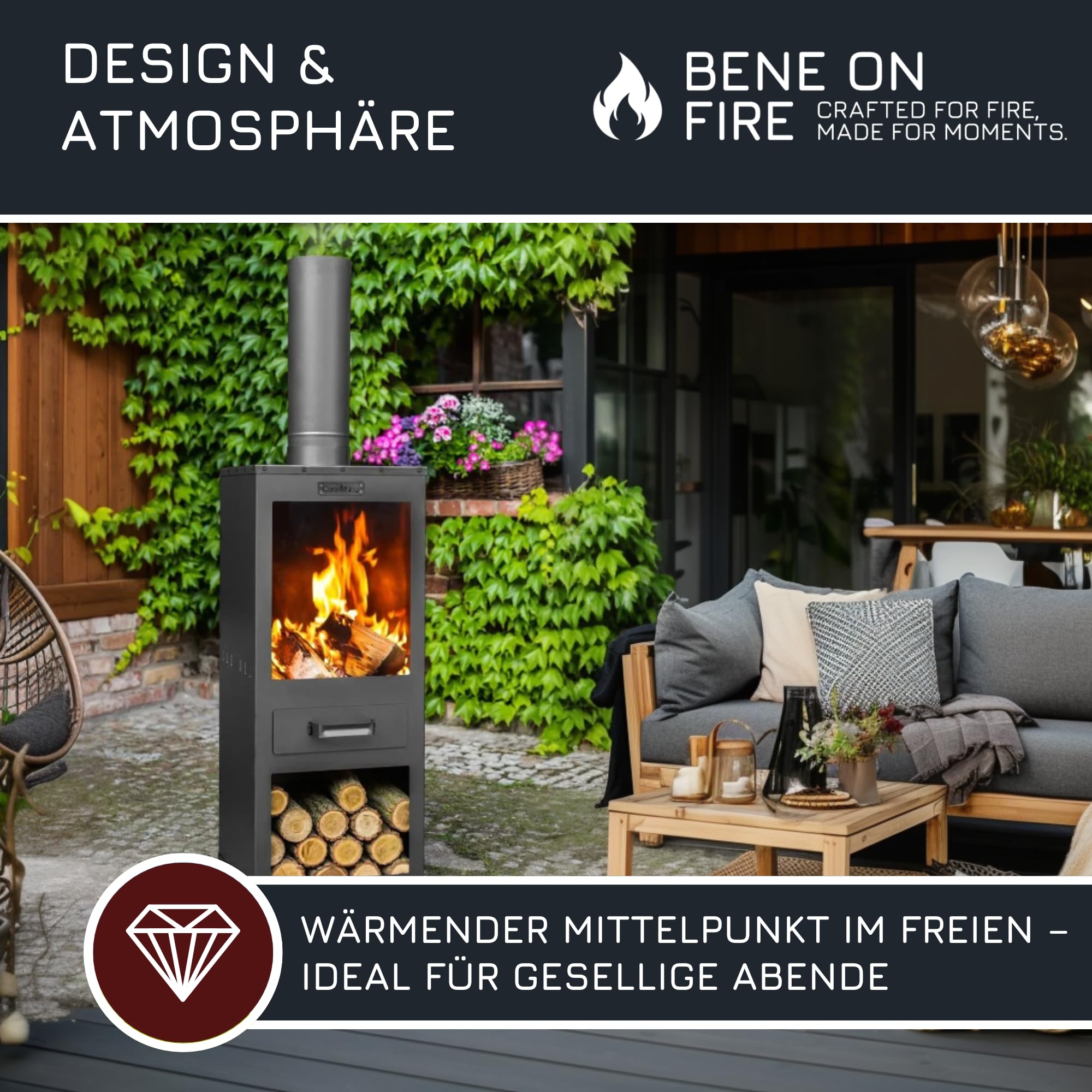 BENE ON FIRE Terrassenofen Delaware 150 cm | Gartenkamin Outdoor Kaminofen modern | Gartenofen mit Brennkammer und Holzlager | Terrassenkamin Stahl schwarz | Feuerofen für die Terrasse Gartenparty