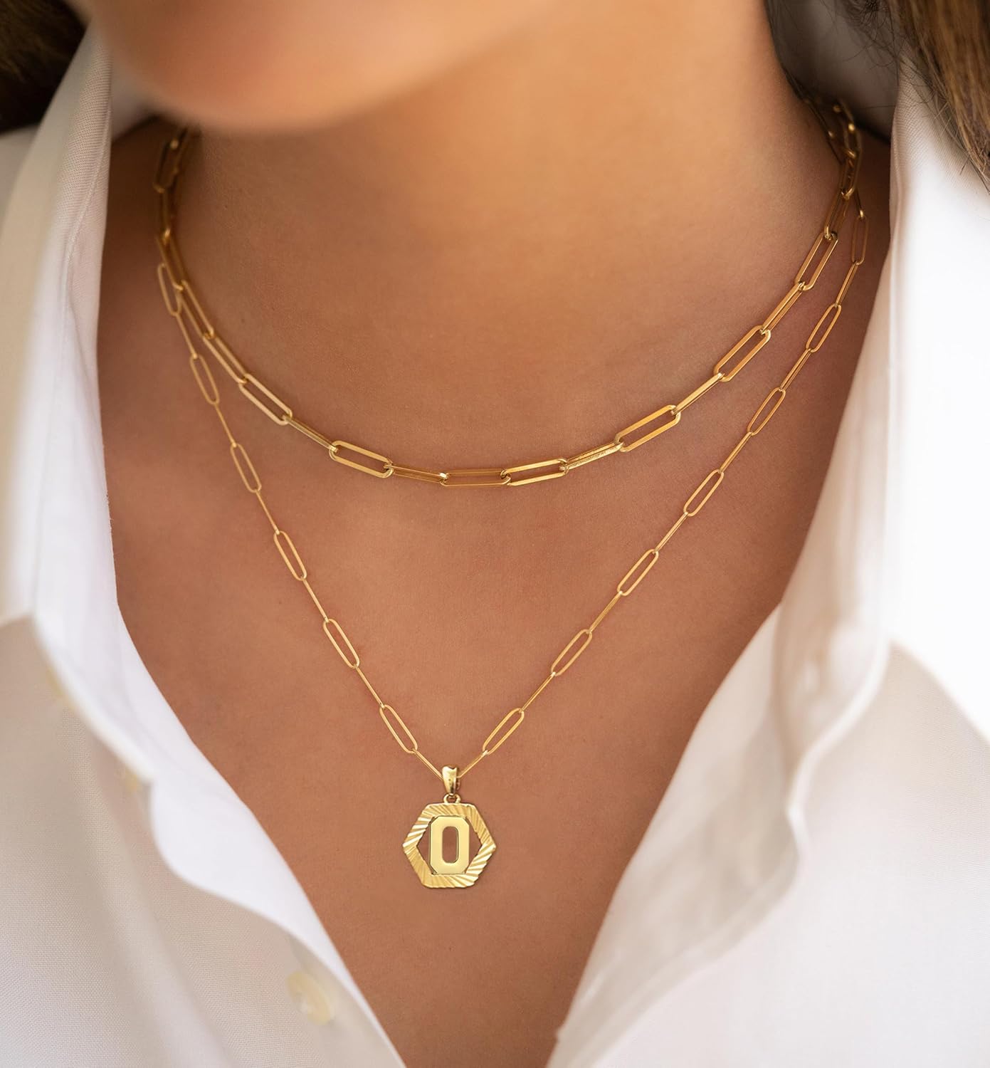 Initial Necklaces for Women,Dainty Gold Letter Necklace 18K Gold Plated Paperclip Chain Necklace Trendy Personalized Monogram Name Necklace Hexagon A-Z Pendant Choker Layered Gold Necklaces - Image 2