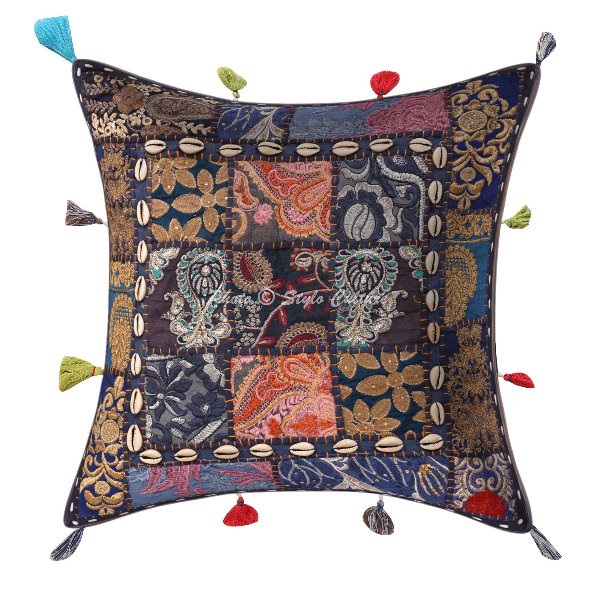 Indische Dekorativ Baumwolle Couch Kissenbezüge 43x43 cm Dunkelblau Dekokissen Gesticktes Patchwork Schlafzimmer Sofa Kissen Bezüge Blumen Quadrat Kissenhullen - 4 STK.
