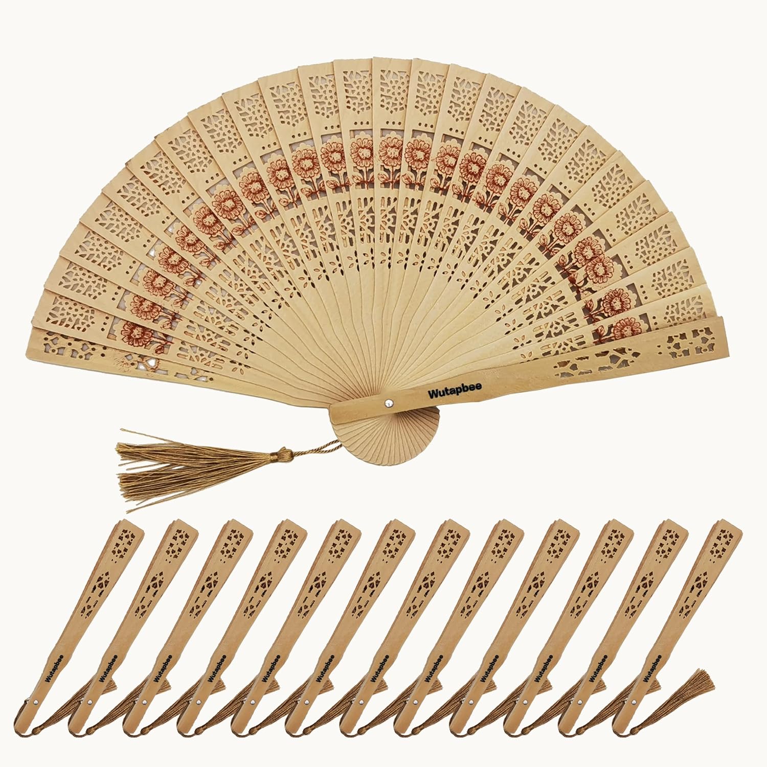 12Pcs Wooden Hand Fans, 20 cm/7.87 inches, for Keeping Cool, Portable,Wedding, Party Favors and Decorations(Hollow).