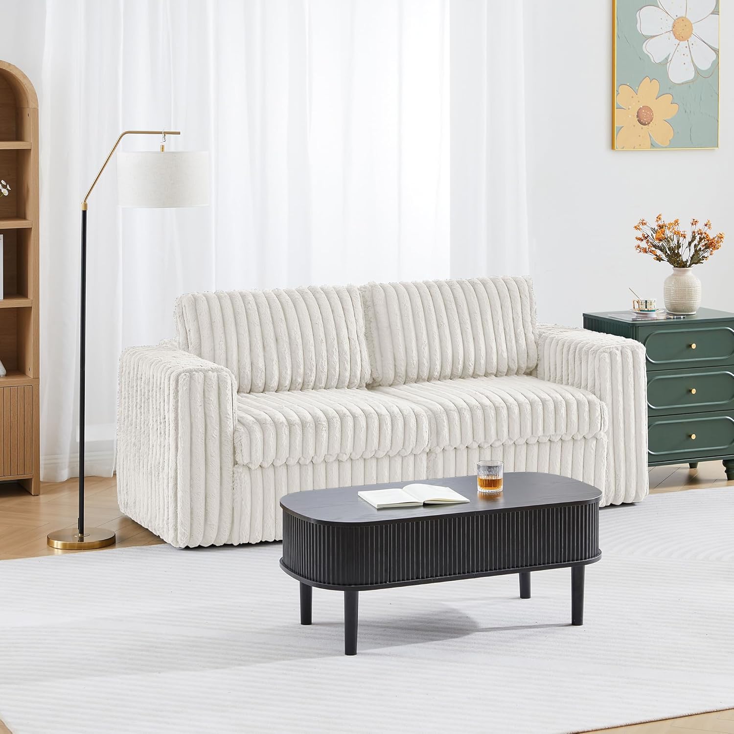 Small Modular Sectional Sofa, Plush Faux Rabbit Fur Loveseat Couch with Storage, 2 Seater Corduroy Sofa Modular for Living Room, Office (White)