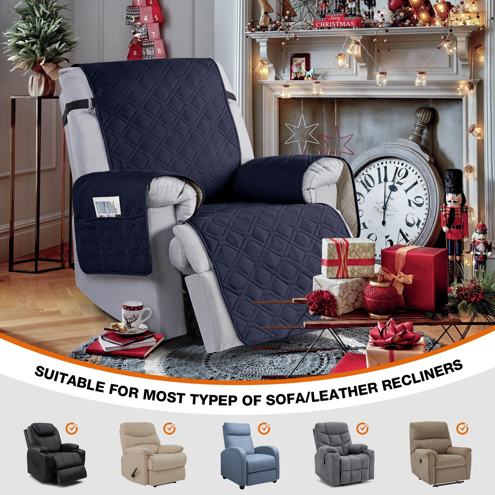 VANSOFY 100% Waterproof Recliner Chair Covers, Recliner Cover Non-Slip Dog Chair Cover Furniture Protector Washable Slipcover with Pocket, Elastic Straps for Pets, Dogs(Dark Blue, 23.6")