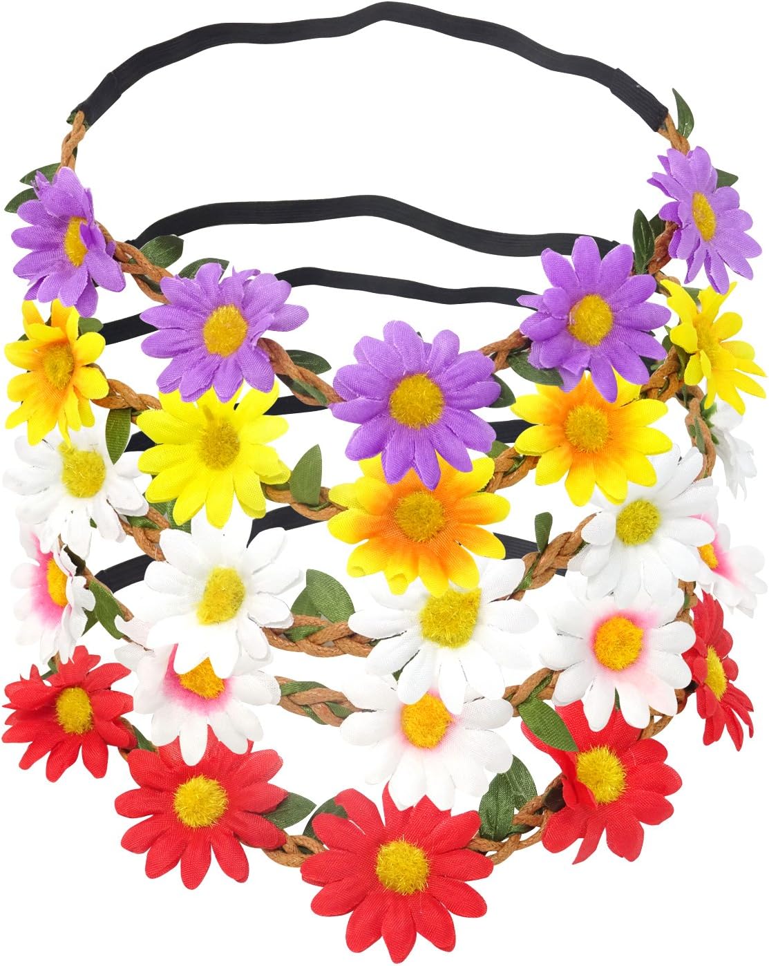 Honbay 5PCS Daisy Flower Headband Bohemian Flower Crown Floral Headband with Elastic Ribbon