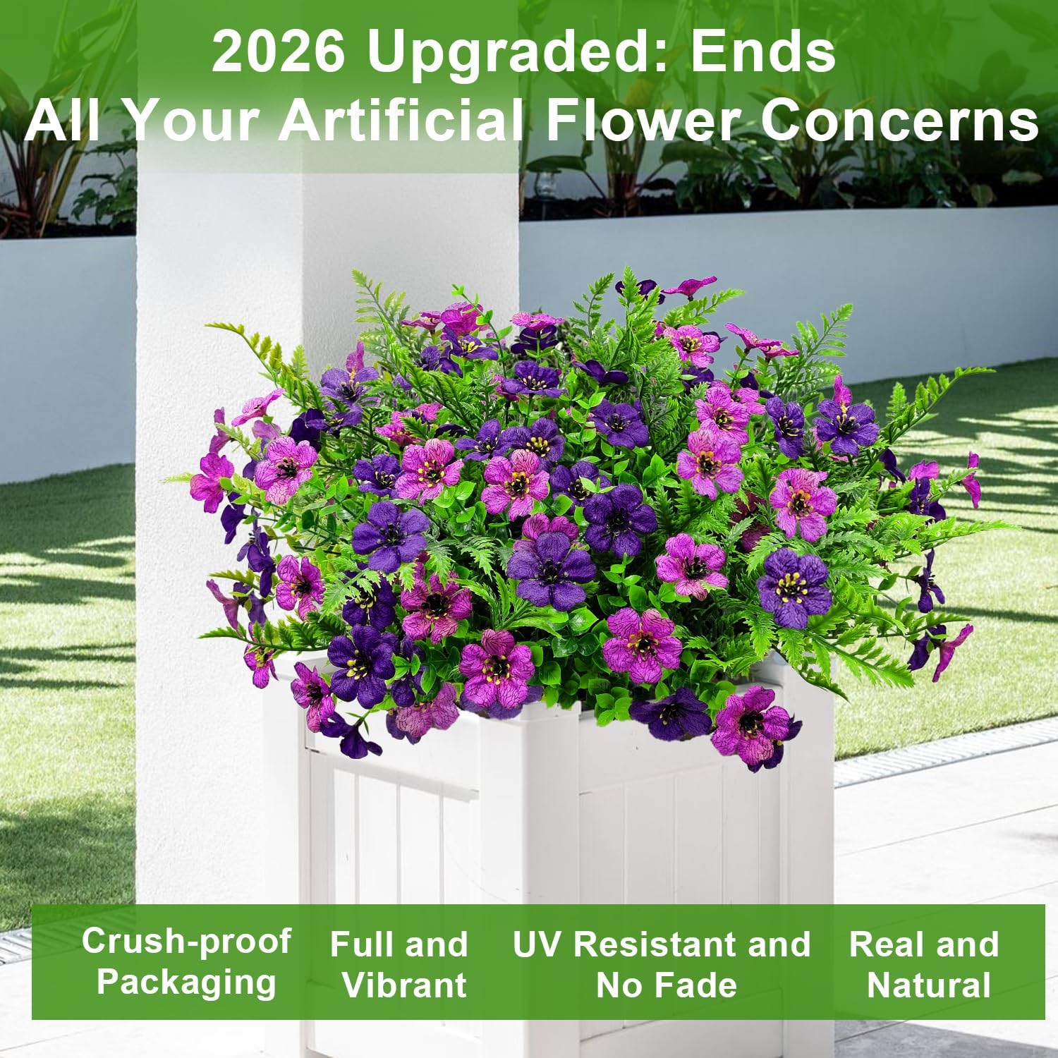 Artificial Flowers for Outdoors Decoration, 16 Bundles Silk Fake Flower with Ferns UV Resistant No Fade Faux Plants for Home Outside Planter Porch Patio Window Box Decor (Double Purple)