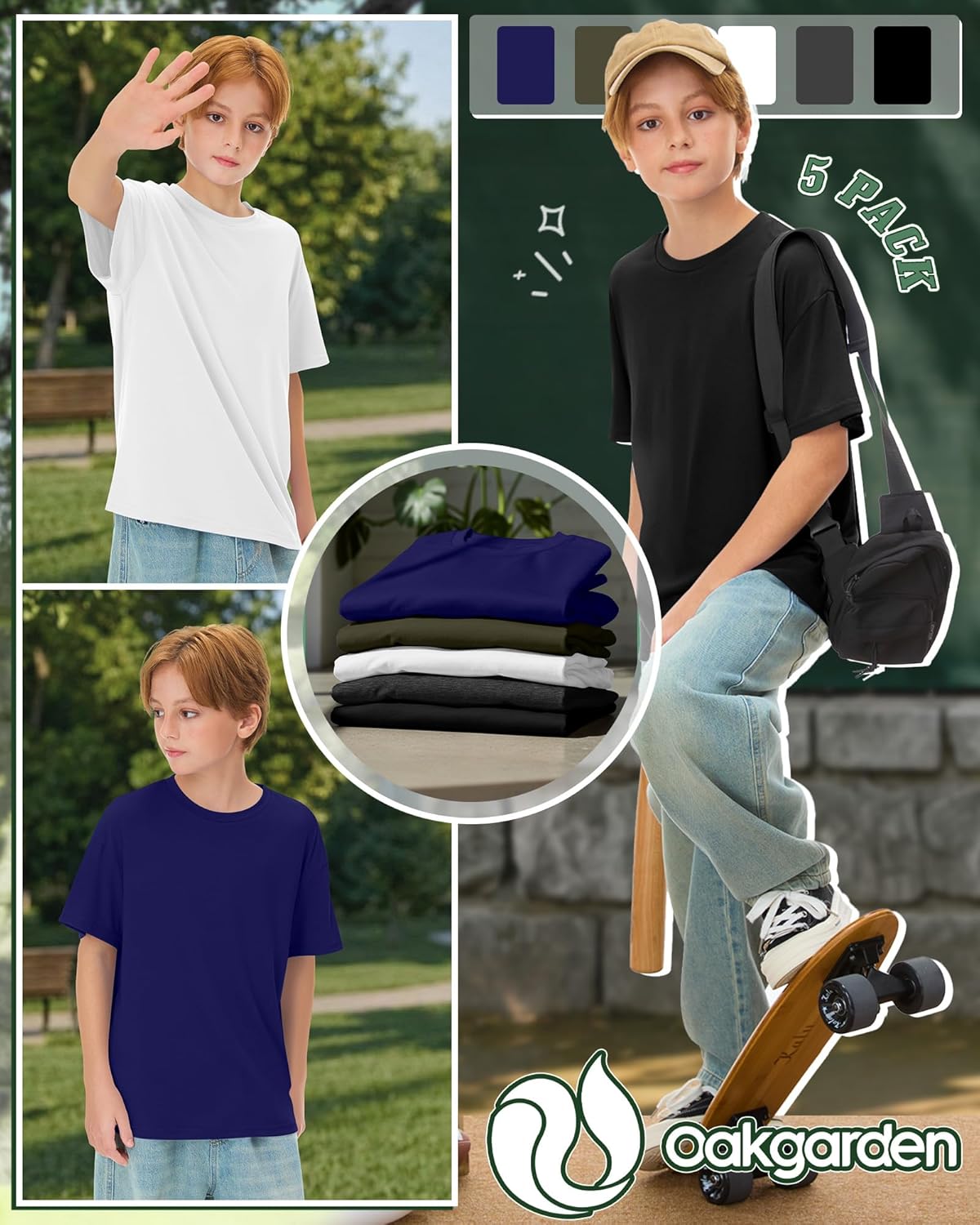 Oakgarden 5 Pack Boys Oversized Shirts Loose Fit Plain Short Sleeve Crewneck Tops Baggy Casual Basic Tees for Kids 5-14 Years